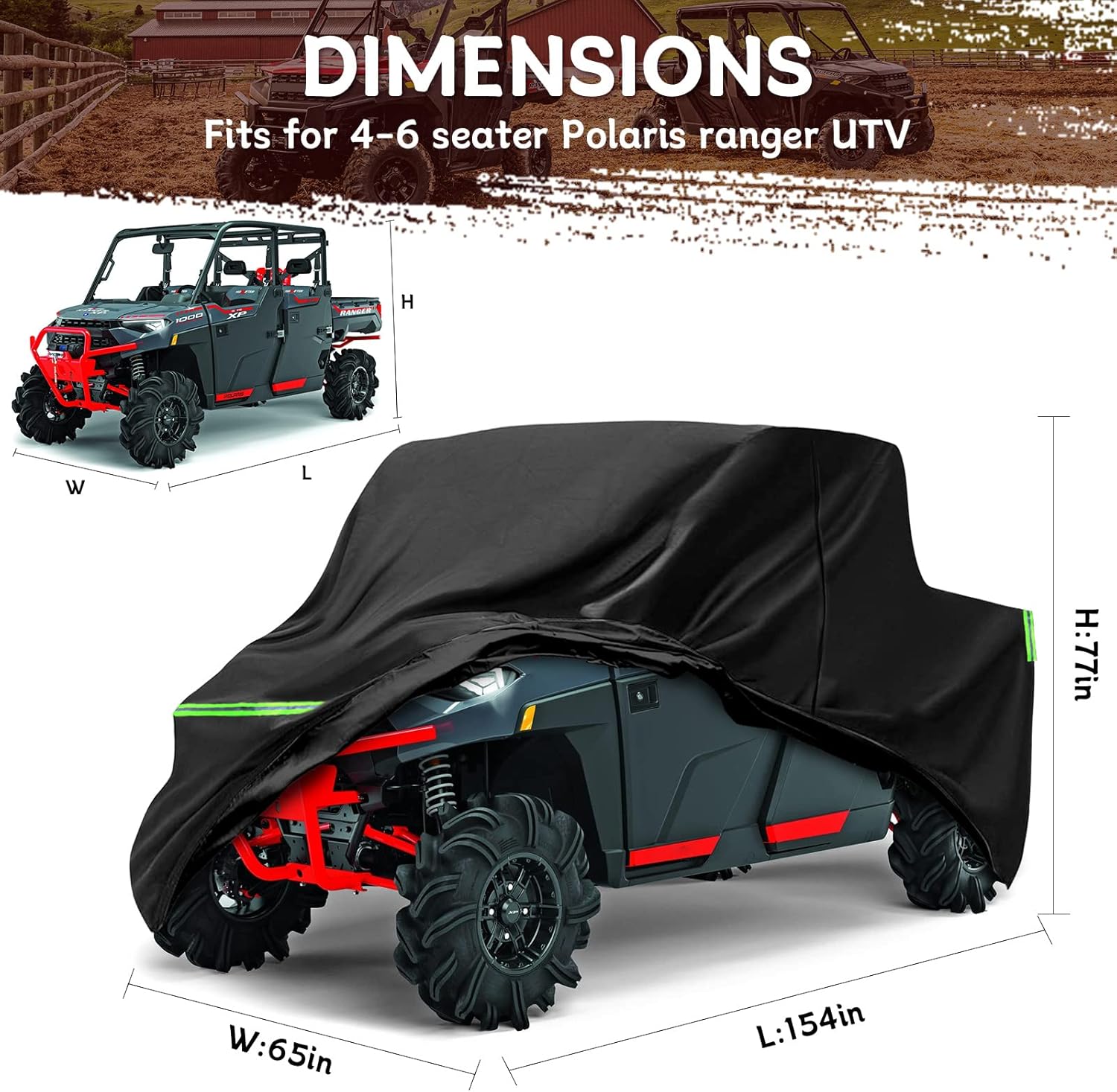 Waterproof UTV Cover Replace for Polaris Ranger Accessories 4&6 Seat Outdoor Cover Dustproof with Heat Dissipation Vents, Reflective Stripes, Windproof Buckles& Anti-Theft Lock(Length 154in)