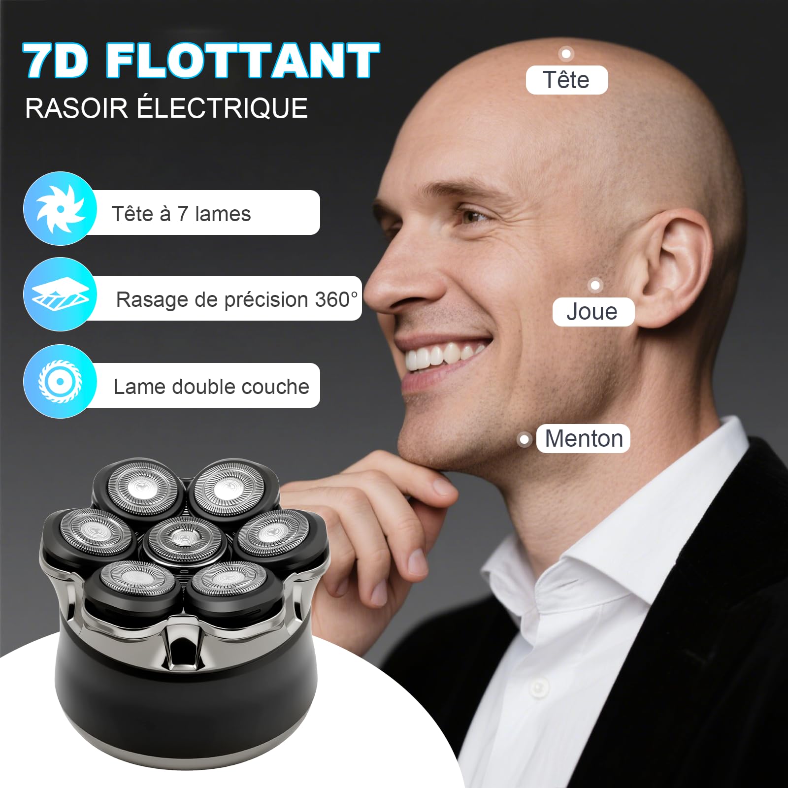Carehabi Rasoir de Tête Chauve electriques pour Homme, IPX6 Étanche, Rechargeable, Interface Type-C, Tête Flottante Magnétique 7D, Nettoyage Facile, Autonomie de la Batterie Jusqu'à 120 Minutes