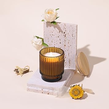DEVI 7oz Empty Amber Ribbed Glass Candle Jars for Making Candles Set of 8, Glass Candle Jars with Bamboo Lids, Bulk Empty Candle Containers, Candle Tins Making Supplies for Gifts, Home Shelf Decor