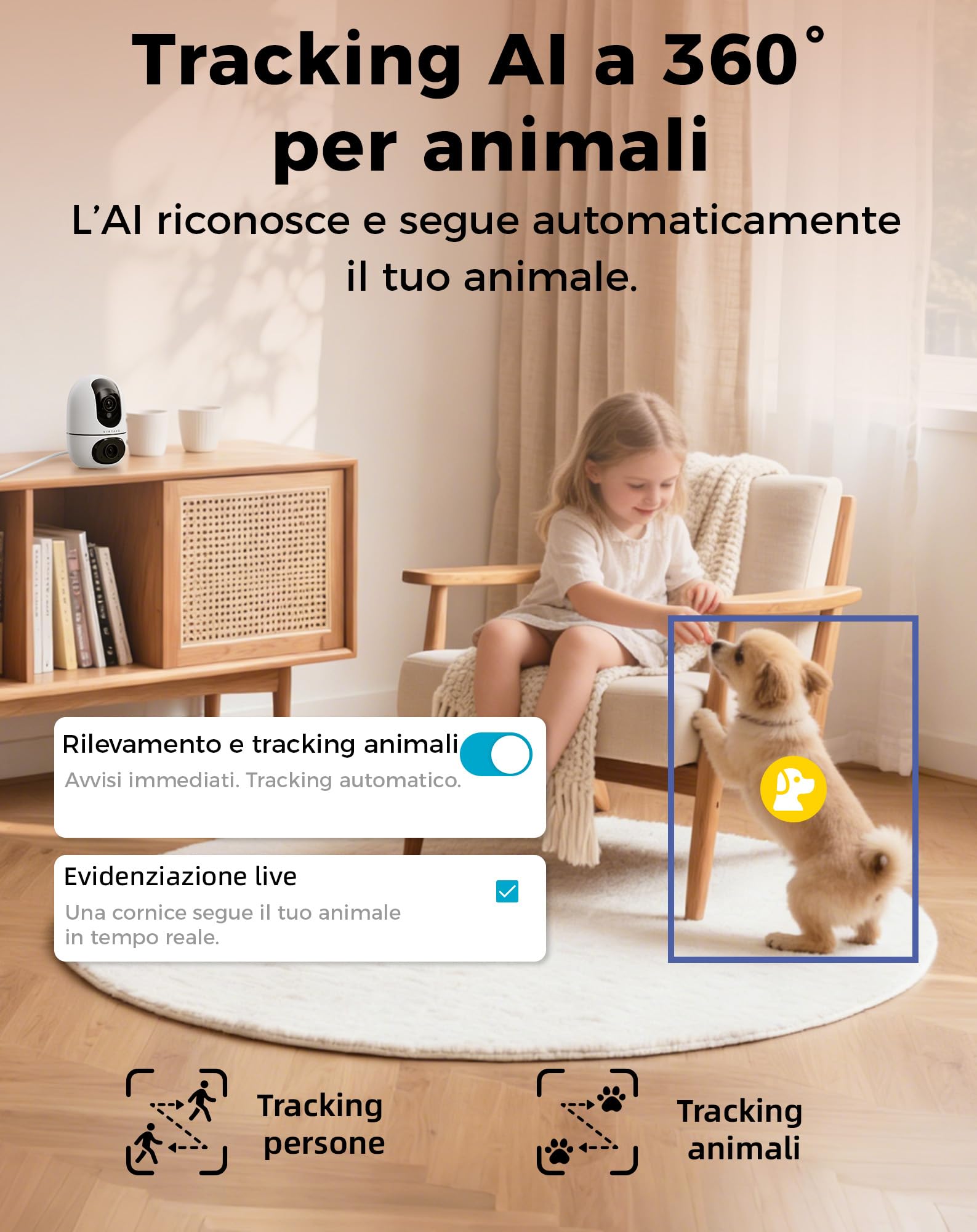 VIRTAVO XD1‑PRO Telecamera Wi‑Fi Interno Doppio Obiettivo, 2 Viste in 1 Schermo, 360° Pan/Tilt/Zoom, Smart Tracking, Audio Bidirezionale, Visione Notturna, Wi‑Fi 6 2,4/5 GHz, Senza Abbonamento