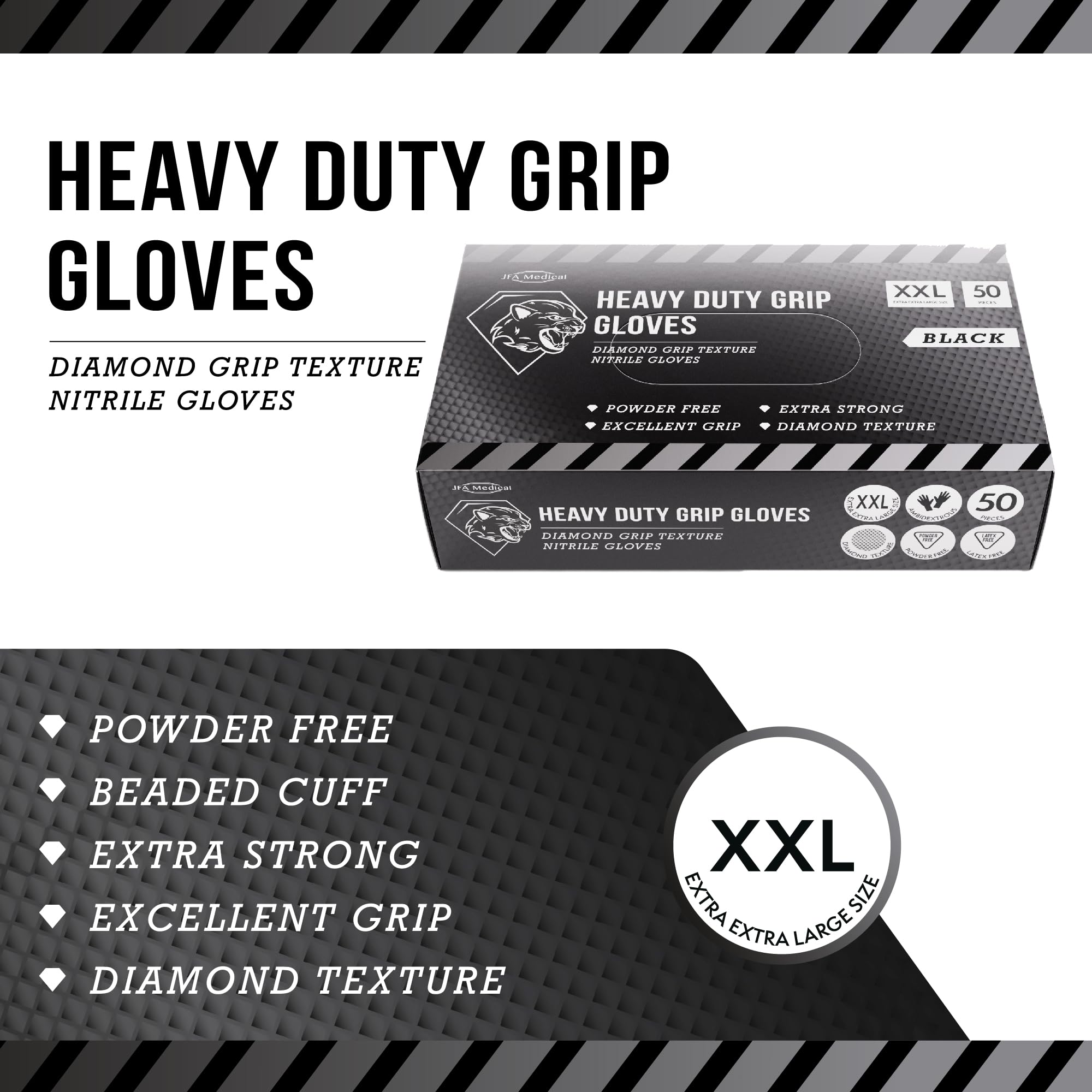 JFA Medical Disposable Heavy Duty Mechanic Powder Free Latex Free Black Diamond Grip Nitrile Gloves - Box of 50 (Extra Extra Large) - Image 2