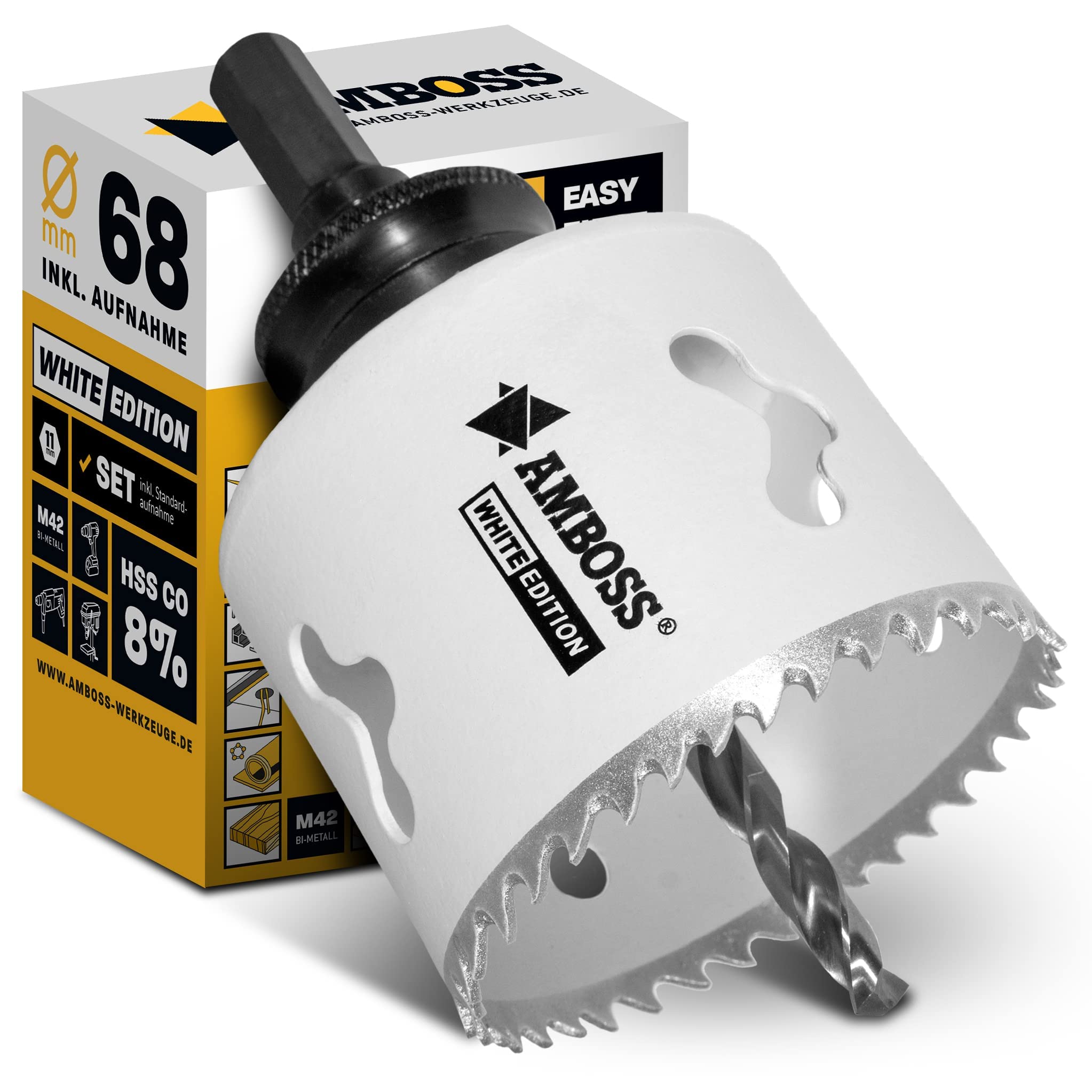 Lochsäge 68 mm - Amboss Bi-Metall (inkl. 6-kant Standard-Aufnahme) ideal für Hohlwanddose, LED-Spot, Steckdose in Gipskarton/Holz