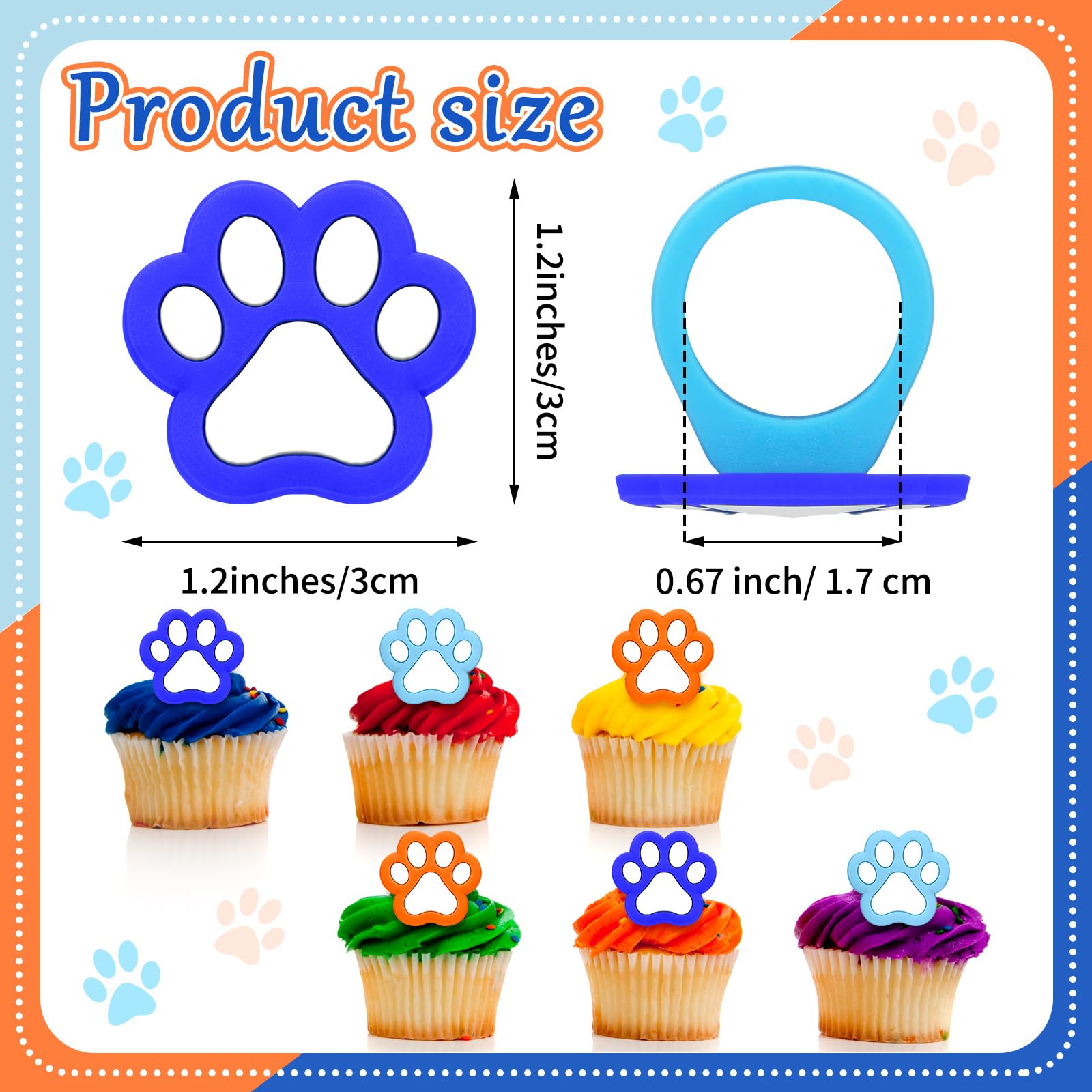 Teenyyou 48 Pcs Paw Dog Cupcake Rings Toppers Decorations Orange Blue Red Yellow Paw Dog Theme Birthday Cupcake Rings Decorations for Puppy Baby Shower Party Supplies(Light Color)