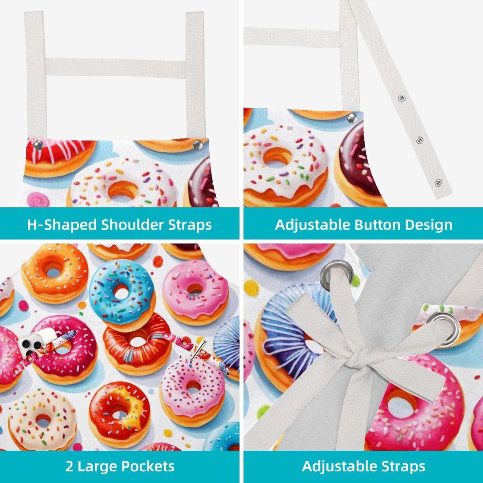 Lot de 2 tabliers de cuisine doux et doux avec 2 grandes poches pour homme et femme Motif donuts, Donuts sucrés et savoureux, L:26.2x34.6in/66.5x88cm;M:26.2x26.6in/66.5x67.5cm