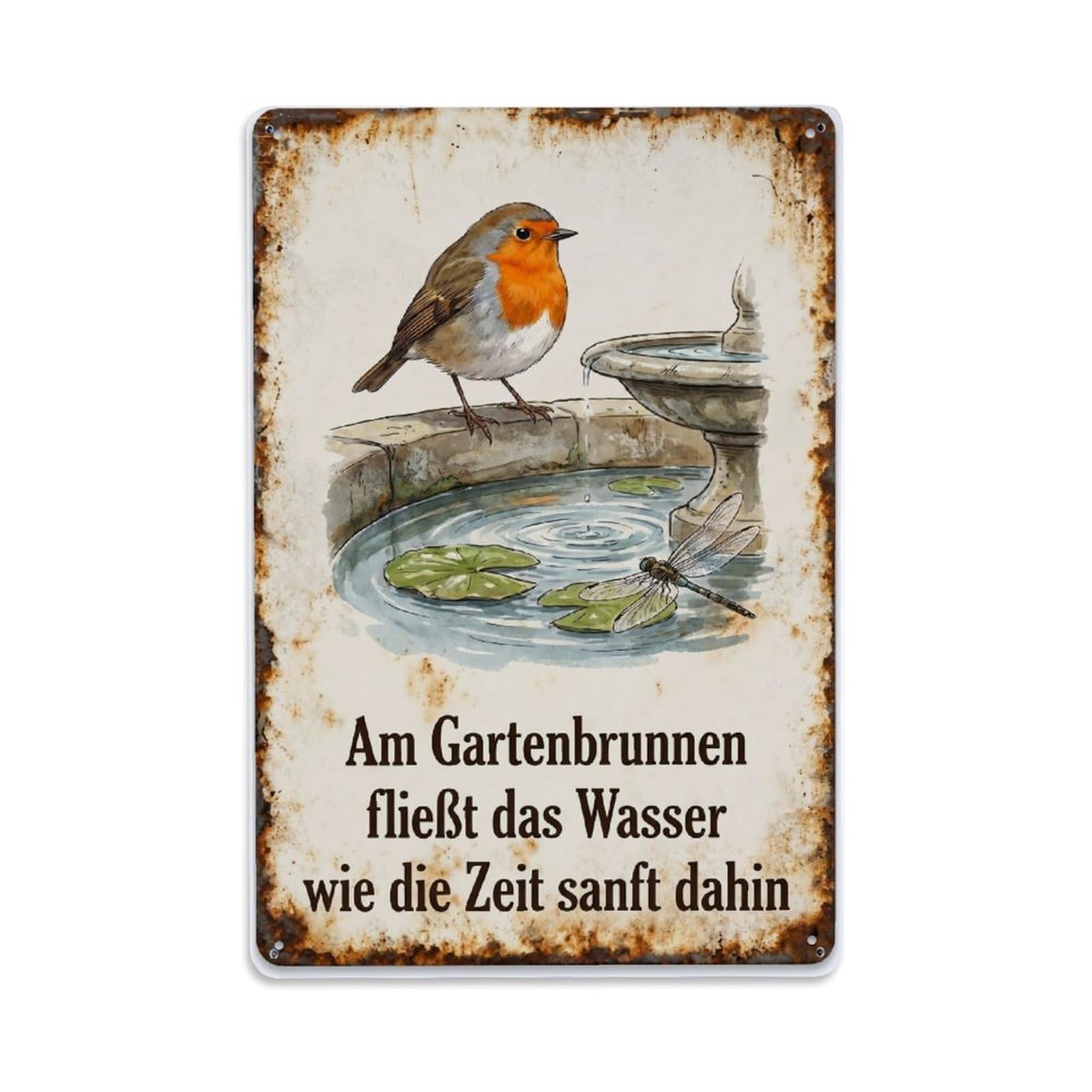 Fqnyr Style Robin Bird Garden Quote Fountain Metal Tin Sign Plaque Wall Decor For Cafe, Club Bar, Office, Home Garden Metal Poster 8X12inch