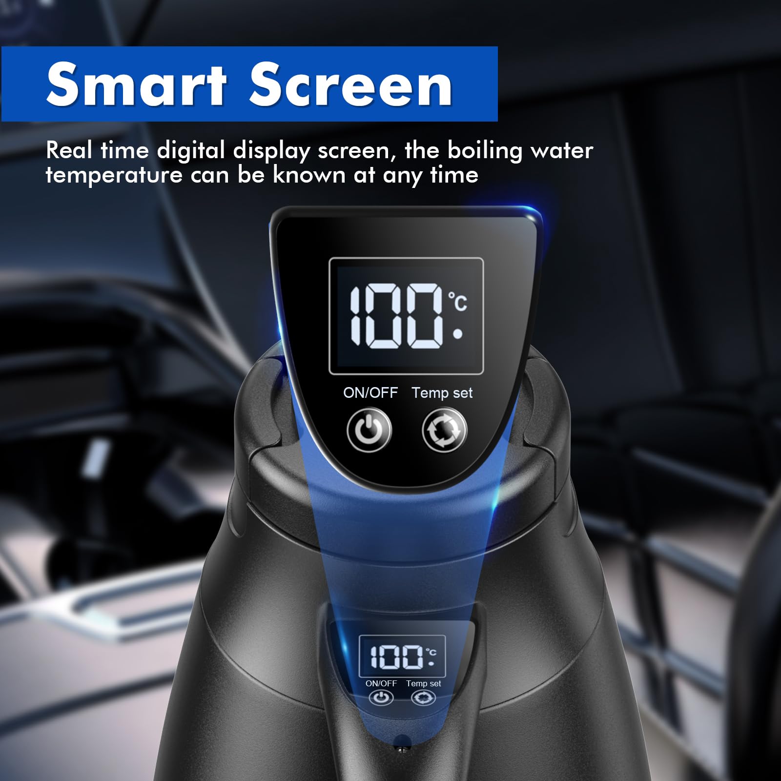 Bollitore elettrico portatile da viaggio, 12 V/24 V, 1,2 litri, in acciaio inox, con presa accendisigari, fino a 100 °C, con display LCD per acqua calda, caffè, tè, auto, camion, campeggio