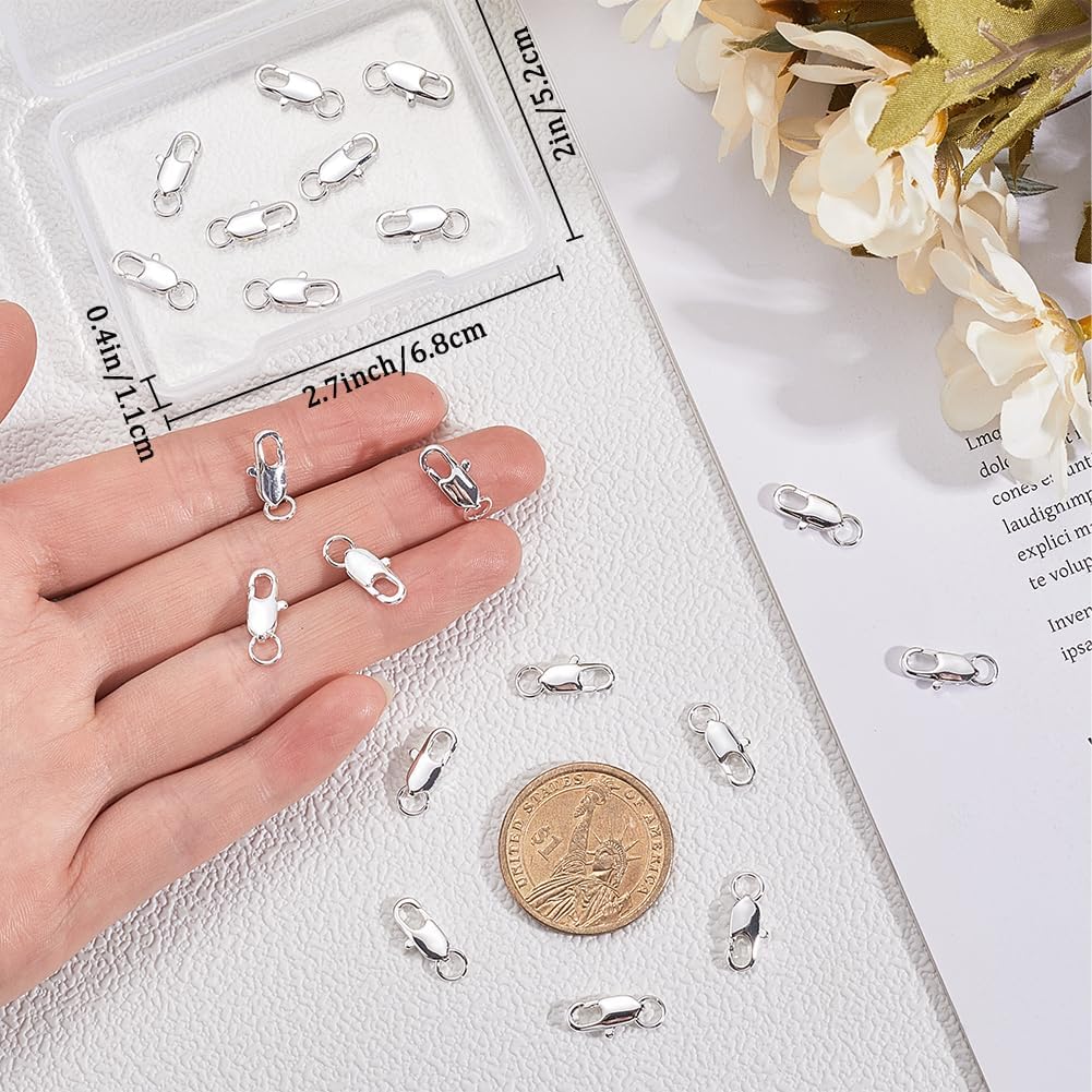 Beebeecraft 1 Box 20Pcs Lobster Claw Clasp with Jump Rings 925 Sterling Silver Plated Brass Necklace Clasps for DIY Jewelry Making (12x6mm)