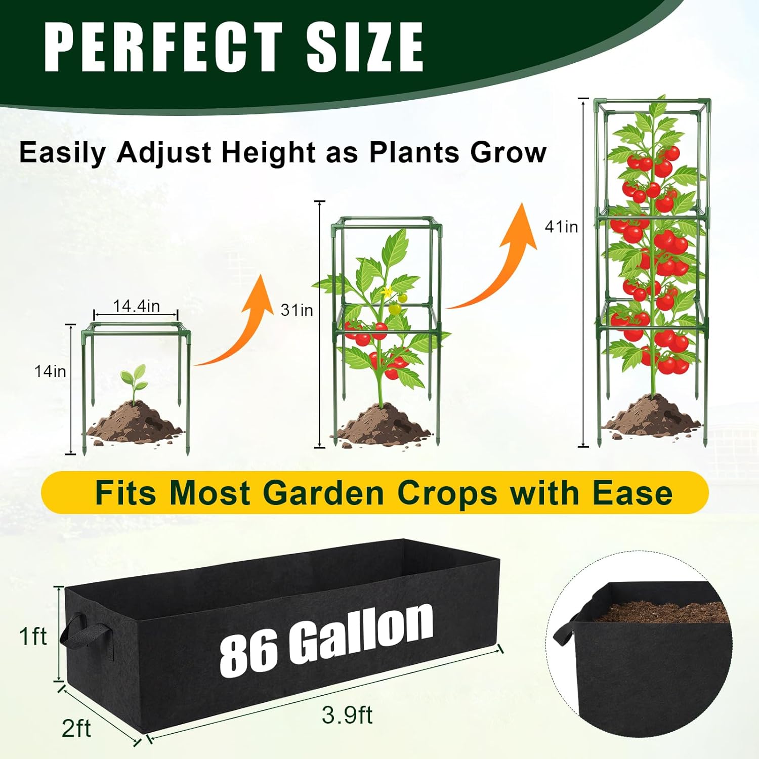 3 Pack Tomato Cages with 86 Gallon Grow Bag, 41" Anti-Collapse Tomato Planter with Trellis, Heavy Duty Adjustable Vertical Plant Support for Garden Raised Bed Patio Balcony Climbing Vegetables Flowers