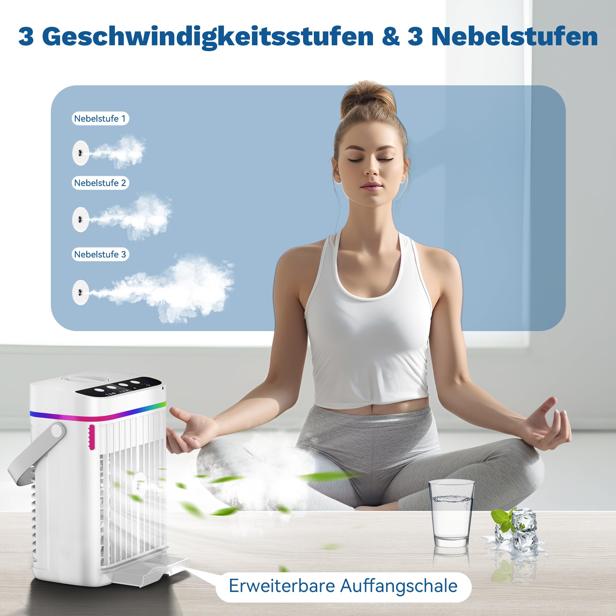 Mobile Klimaanlage 1250 ML, 4 In1 Mini Klimaanlage für Zimmer, Tragbare Mobile Klimagerät mit 1-3 H Timer, 7 Farben, 3 Geschwindigkeiten & 3 Nebelmodi, Leise Mini Luftkühler für Zuhause Büro Reisen