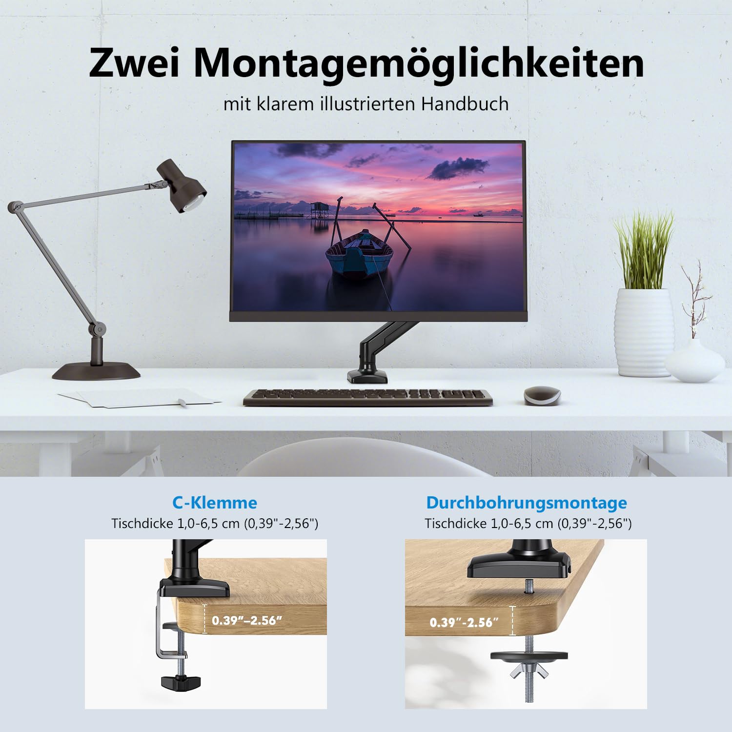 Einzel-Monitorhalterung für 13-32 Zoll Bildschirme, Gasfeder-Monitorarm mit höhenverstellbarer VESA-Halterung, Ständer hält 2-9 kg, Klemm-/Tülleninstallation