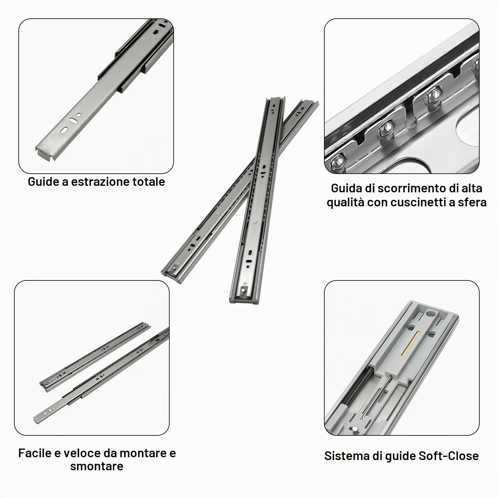 Guide per cassetti 600 mm, guide a sfera con portata di 45 kg, estraibili completi, guide telescopiche, dimensioni complete 1200 mm, 4 paia (8 pezzi)