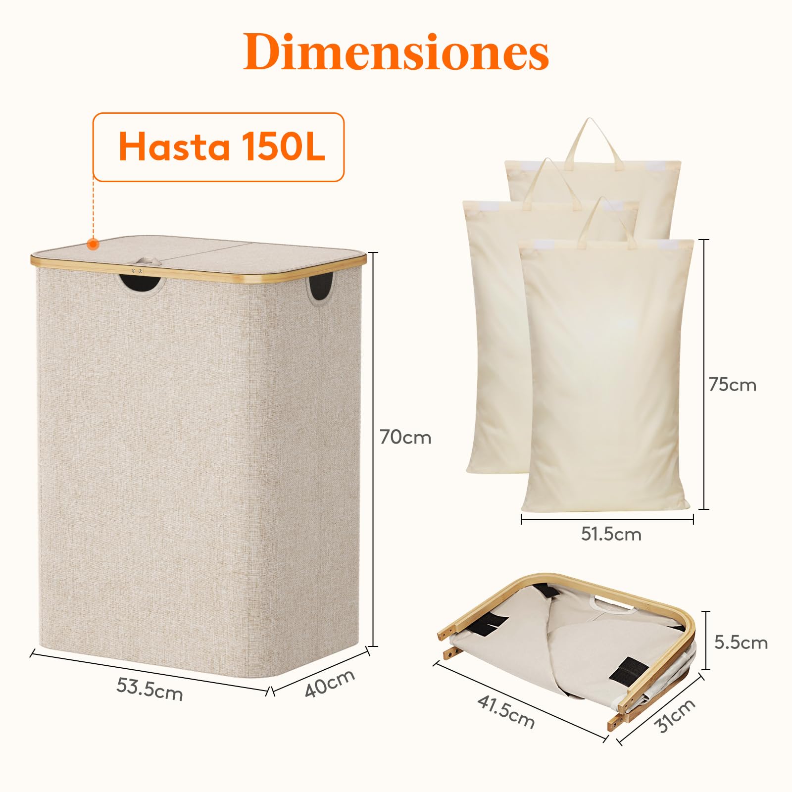 Lifewit 150L Cesto Ropa Sucia con Tapa, Grande Cesta para la Ropa Sucia con 3 Compartimientos y 3 Bolsas, Cubo Ropa Sucia para Dormitorio, Baño y Lavadero, Beige