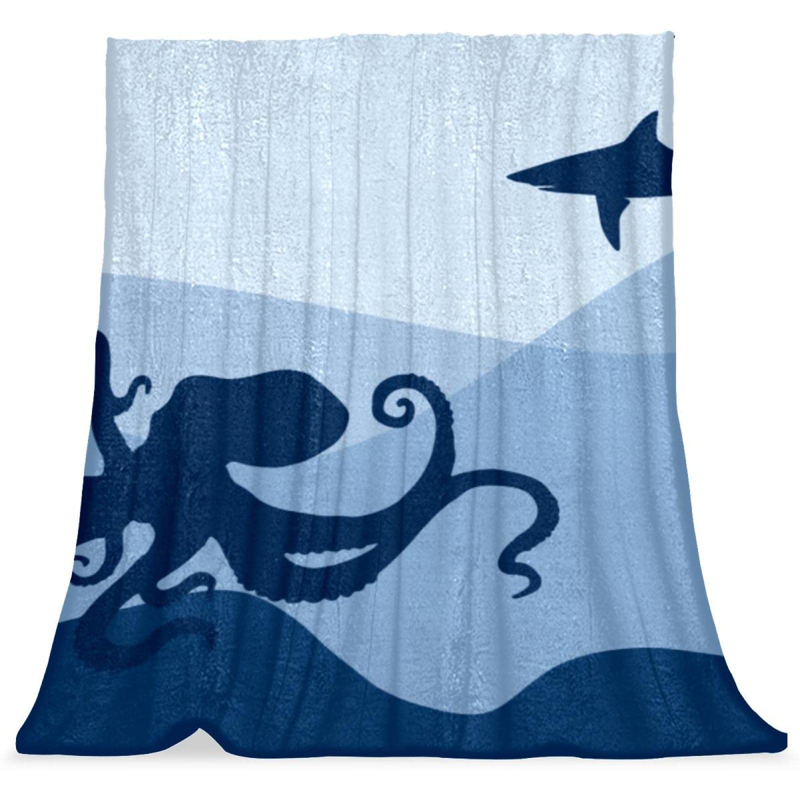 Couverture de lit moelleuse et chaude requin calmar bleu TBOUOBT