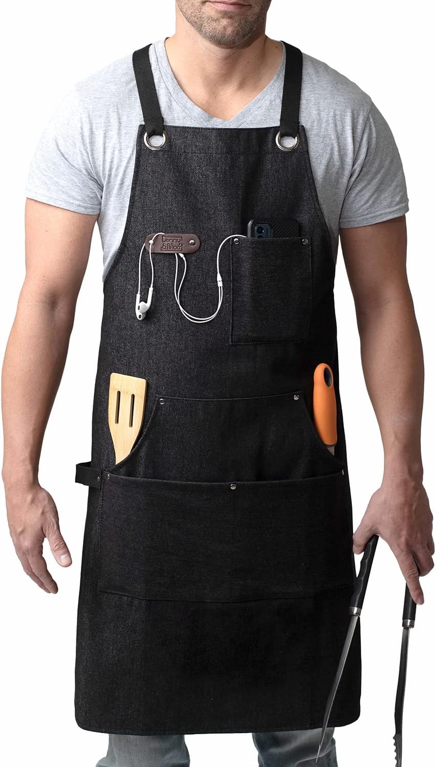 Donny Apron Men - Profession Chef Apron - Heavy Duty Men's Apron Made From 14oz Water Resistant Denim Canvas - Stylish Bbq Apron For Men, Black, 25W x 24L