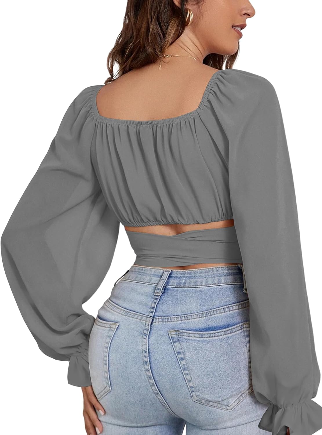 Rooscier Women's Ruched Wrap Square Neck Flounce Long Sleeve Self Tie Crop Top Blouse