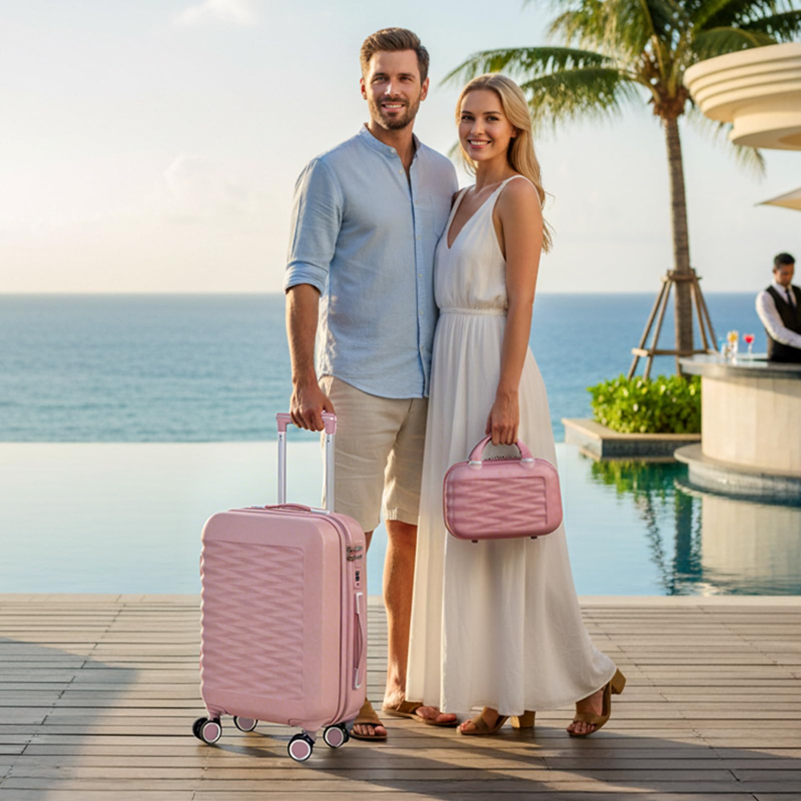 H.yeed 20 Zoll Handgepäckkoffer mit 12 Zoll Kosmetikkoffer, Leichtgewicht-Hartschale aus ABS, Trolley Reisekoffer mit 4 Doppelrollen, Rosa, 2-teilig