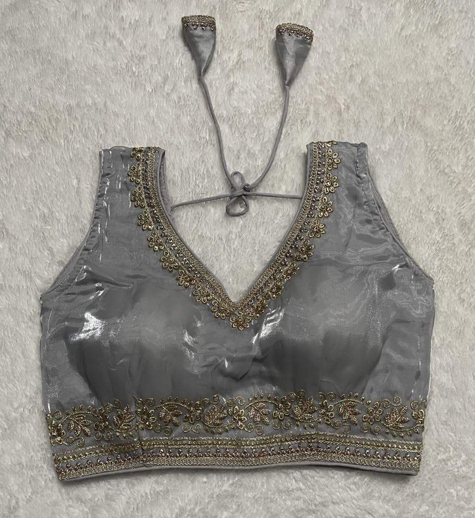 Pujia Mills Women's Sequin Embroidered V Neck Sleeveless Readymade Saree Blouse Indian Ethnic Designer Stitched Readymade Saree Blouse Sleeveless Blouse Readymade Blouse For Women (Silver, 32)