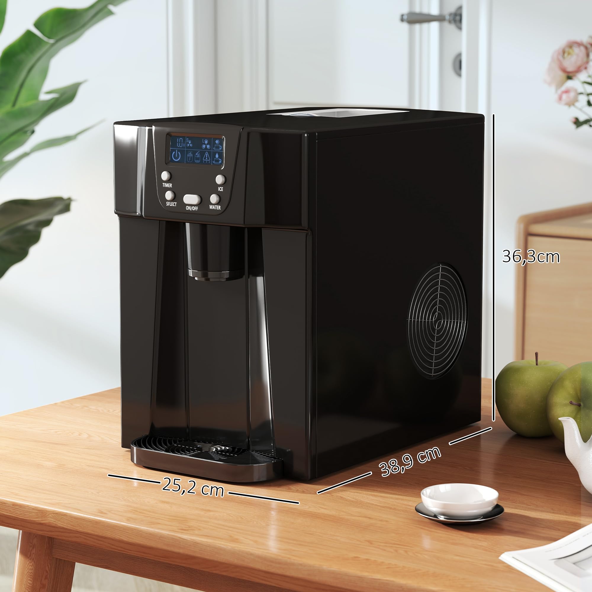 HOMCOM Machine à Glaçons avec Distributeur d'Eau, 12kg en 24h, 9 Glaçons en 6-10 Minutes, Ice Maker Portable, Taille de Glaçon Réglable, Minuterie, Réservoir d'Eau 3L, pour Maison, Cuisine, Bar, Noir