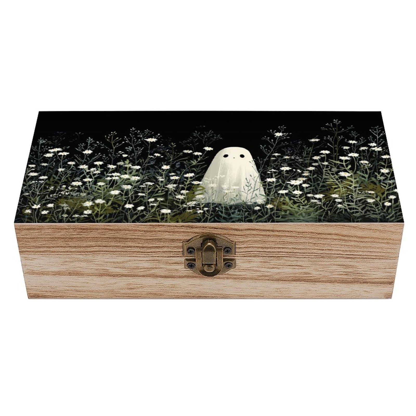 Ahdyr Cute Ghost in A Field of White Wildflowers Wooden Storage Box with Hinged Lid And Front Clasp Large Keepsake Box