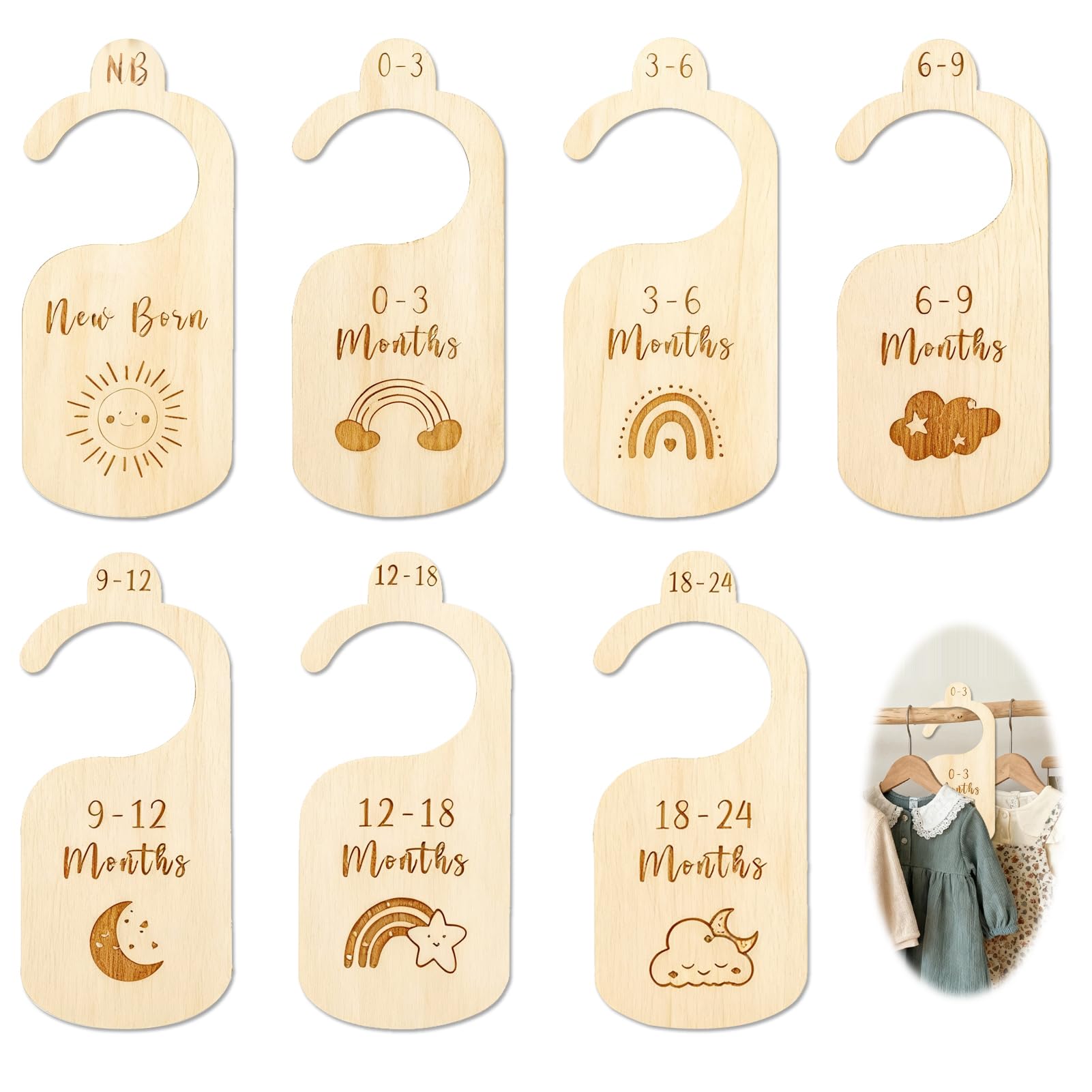 Baby Wardrobe Dividers, 7 Pcs Baby Clothes Dividers Cartoon from Newborn to 24 Month Baby Clothes Organiser Wood Baby Clothes Dividers for Infant Newborn Boys & Girls