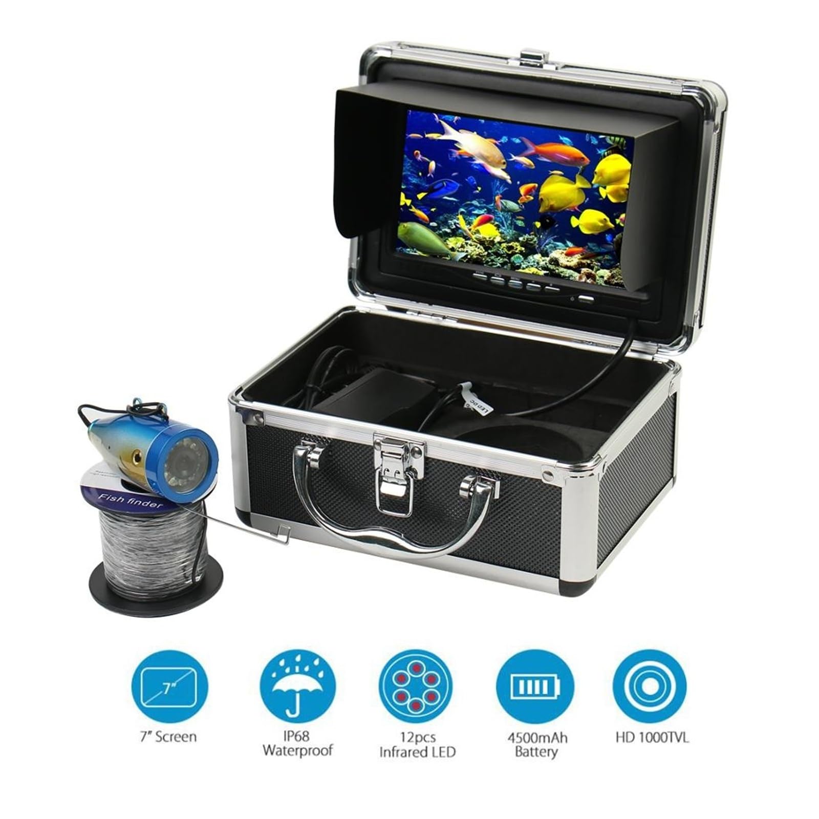 Sondeur de Poissons, Caméra de pêche sous-Marine, détecteur Poissons d'hiver, 7 Pouces, 1000TVL, IP68, étanche for Glace/mer/rivière