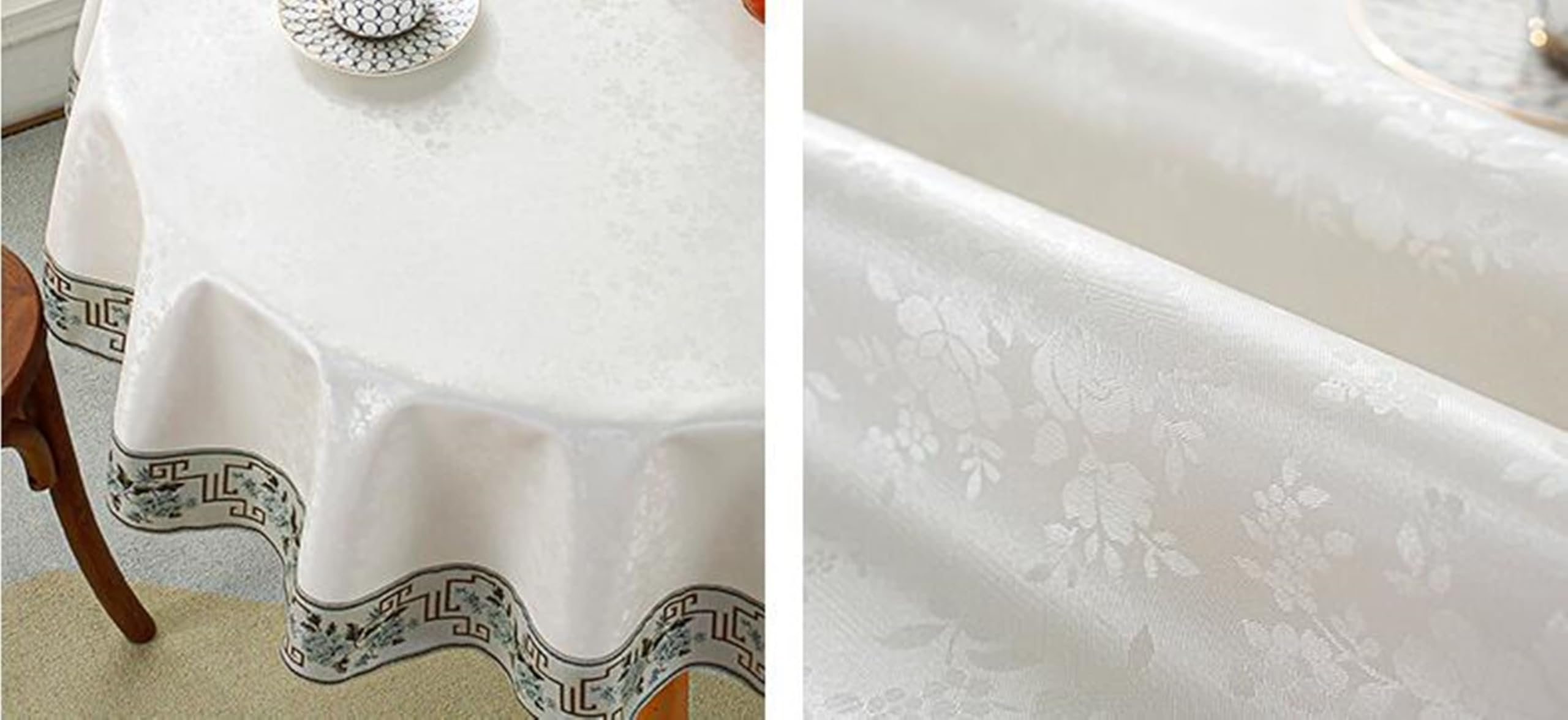 Gualiy PU Tischdecke Rund, Tischtuch 160 Tischdecke Fleckschutz Blätter und Blumen Stickmuster Tischdecke für die Küche, Beige Weiß