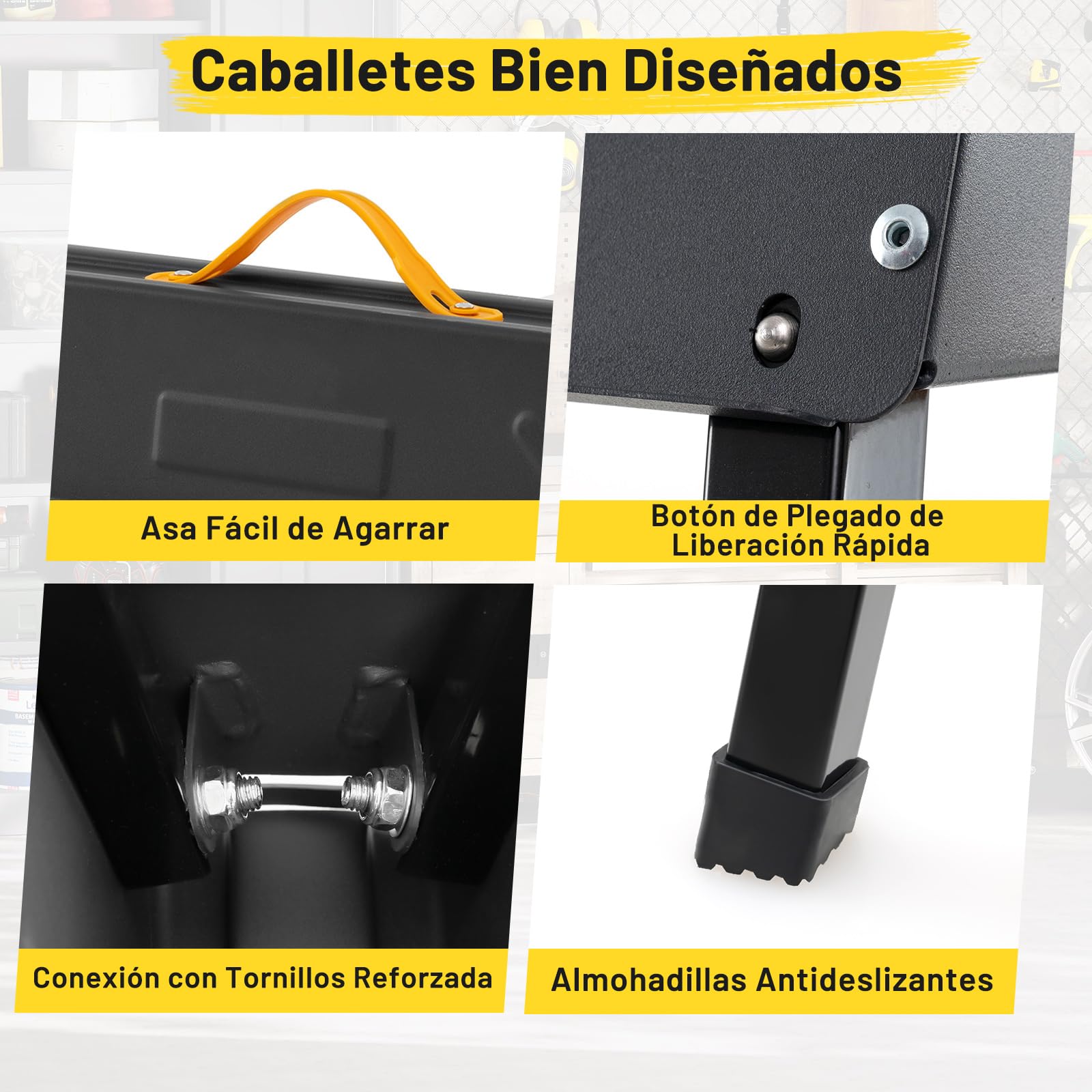 COSTWAY Juego de 2 Caballeteas de Sierra con Patas Plegables, Caballete Metálico de Trabajo con Asa y Brazos de Soporte, Borriquetas para Contratistas Carpinteros, Carga 500 kg, Negro