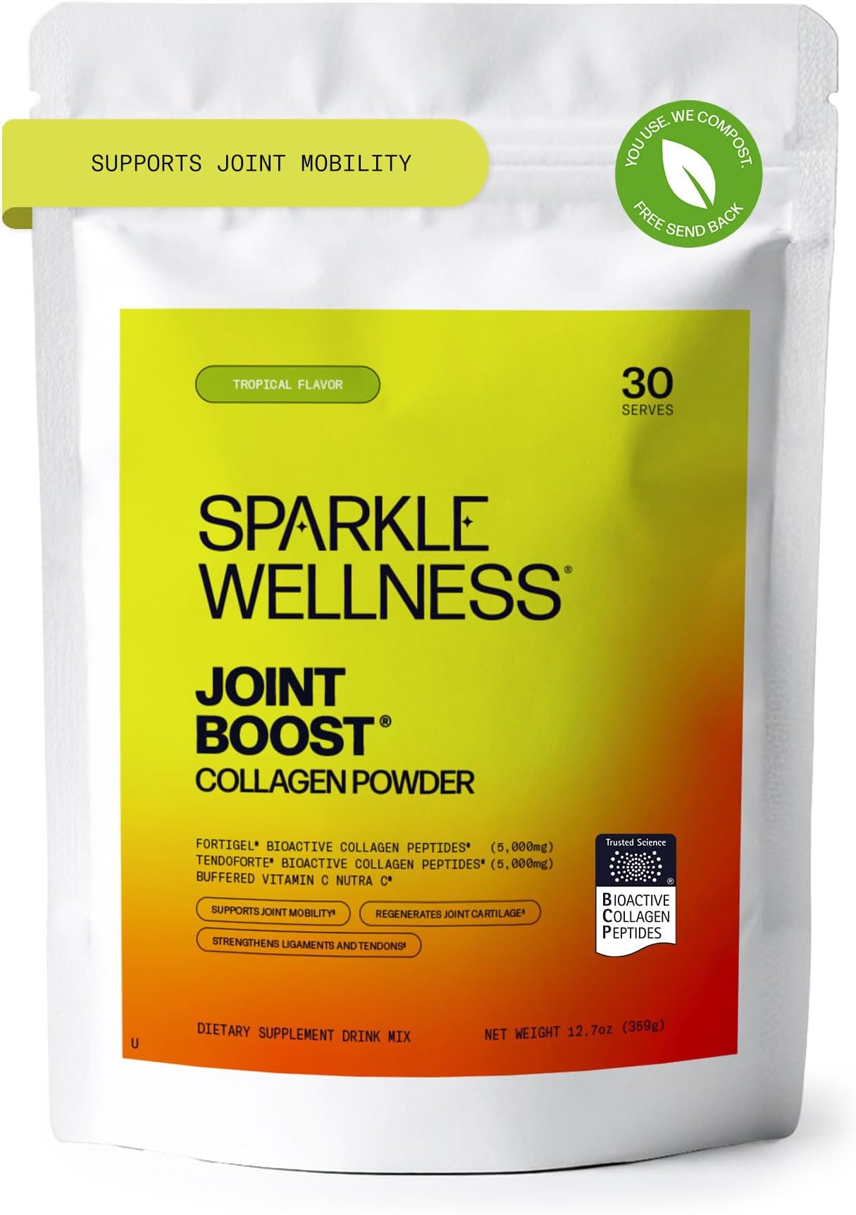 Sparkle Wellness FORTIGEL & TENDOFORTE Collagen Peptides | Collagen Powder with Calcium Ascorbate Vitamin C to Support Joint Mobility, Tendon & Ligament Health | Joint Boost (Tropical) [30-Serves]