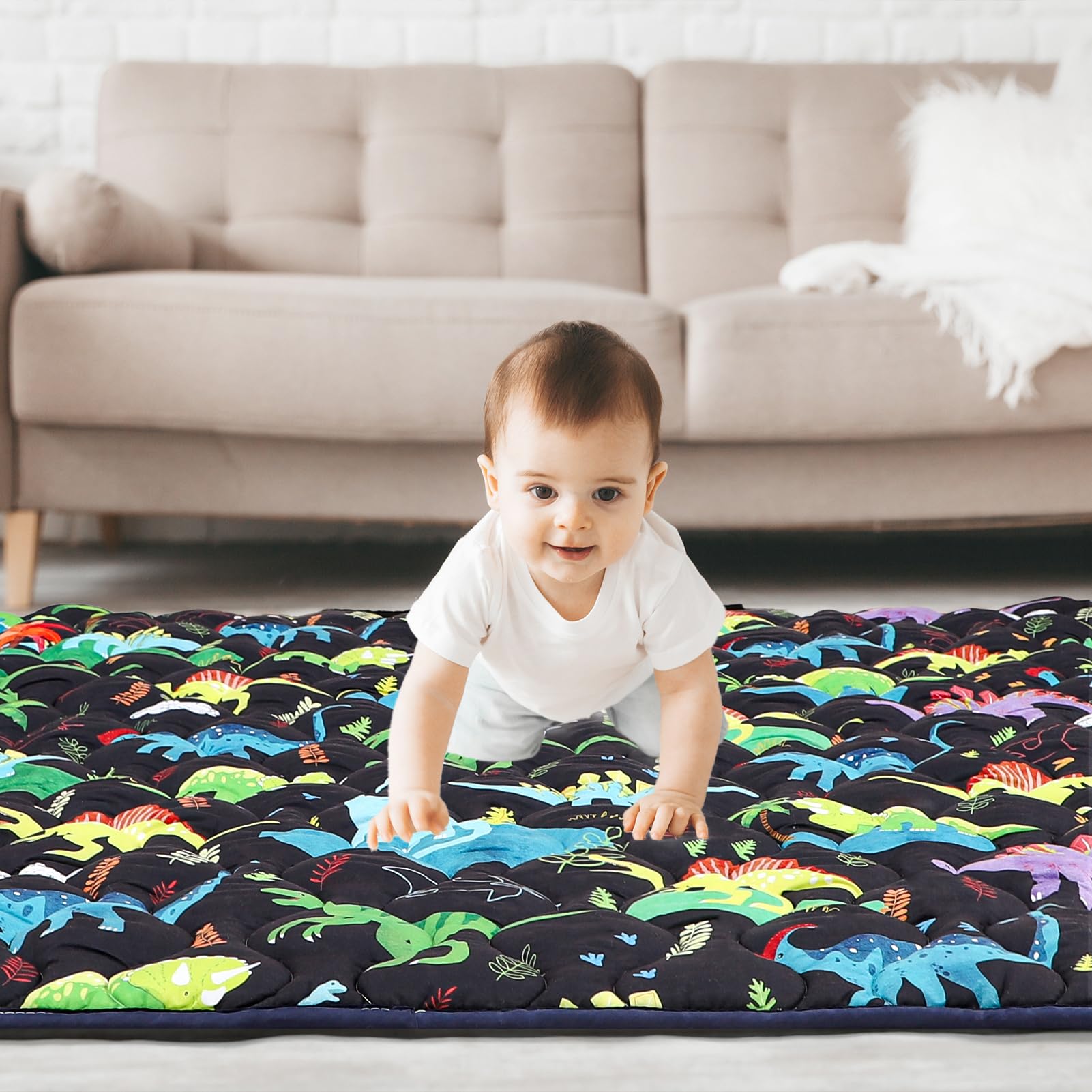 Baby Play Mat 50 x 50, Thicker Baby Crawling Mat, Non-Slip Baby Playmat for Floor, Foldable and Machine Washable Baby Floor Mat, Black Dinosaur