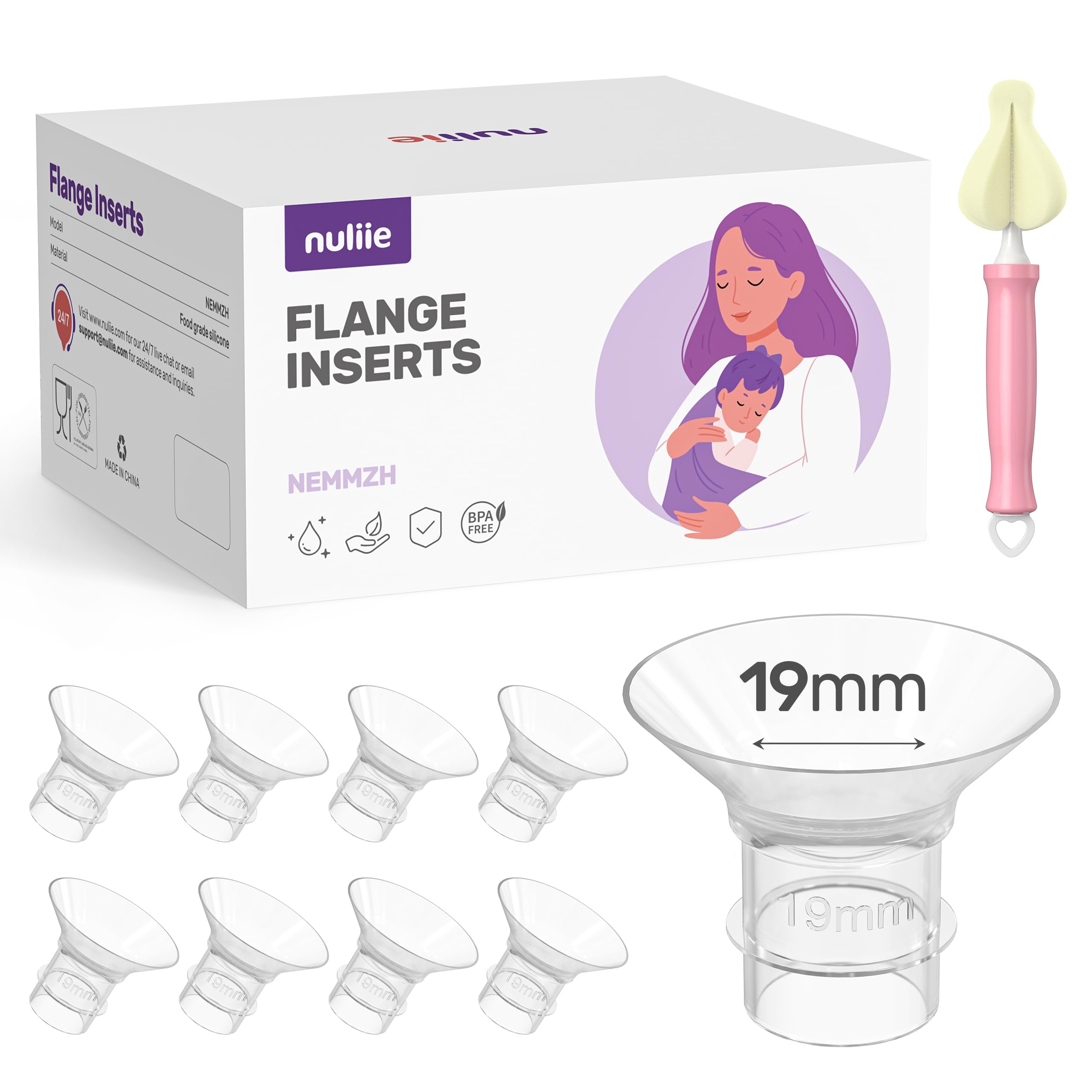 Nuliie8PCS Flange Inserts 19mm for 24mm Flange/Shield of Most Pumps, BPA Free Inserts, Compatible with Momcozy/Medela/Elvie/Spectra/Bellababy/TSRETE/Willow/Nuliie Breast Pumps