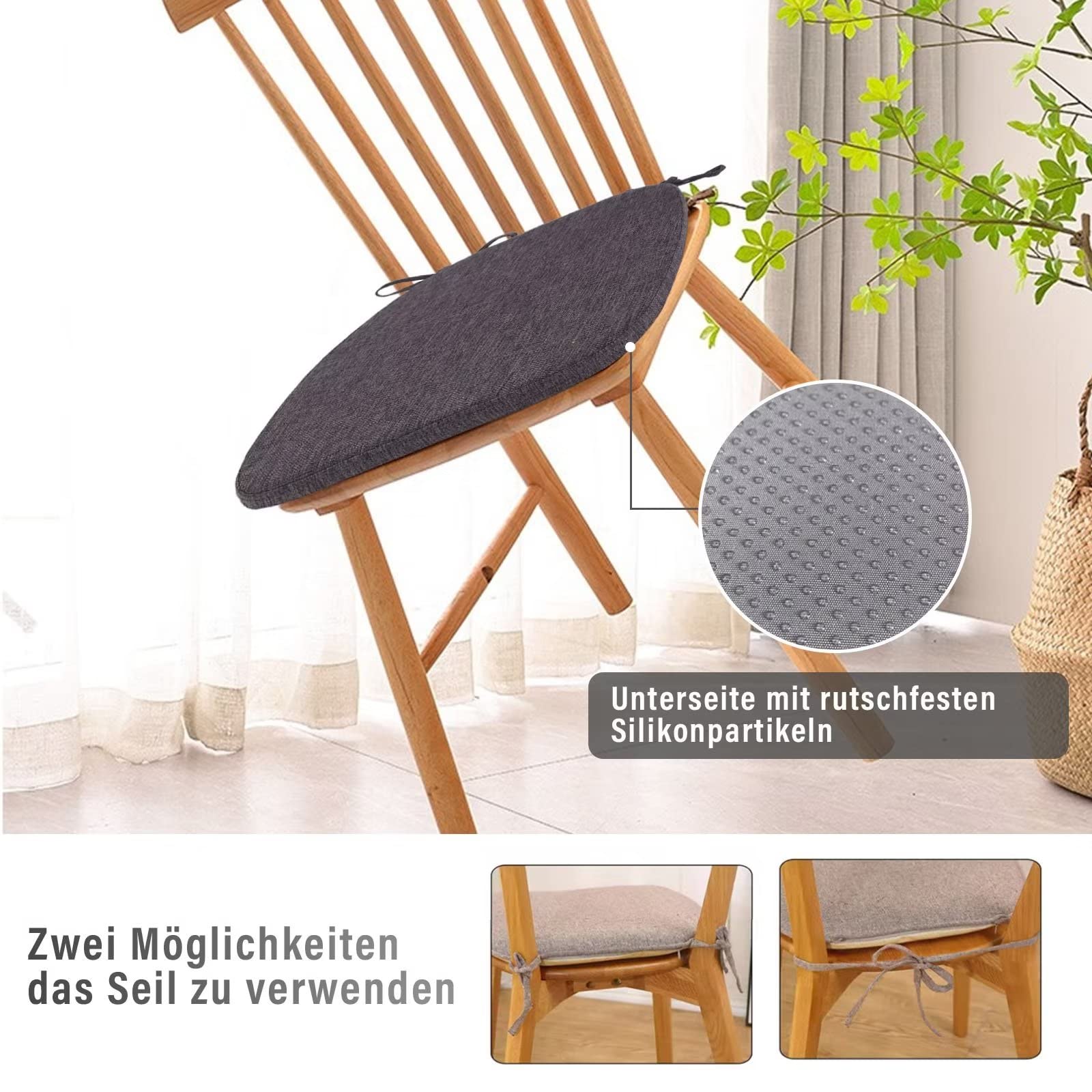 Set 2 Cuscini Per Sedie Con Lacci 40x38x3cm - Antiscivolo, Lavabile, Grigio Scuro - Foto 13