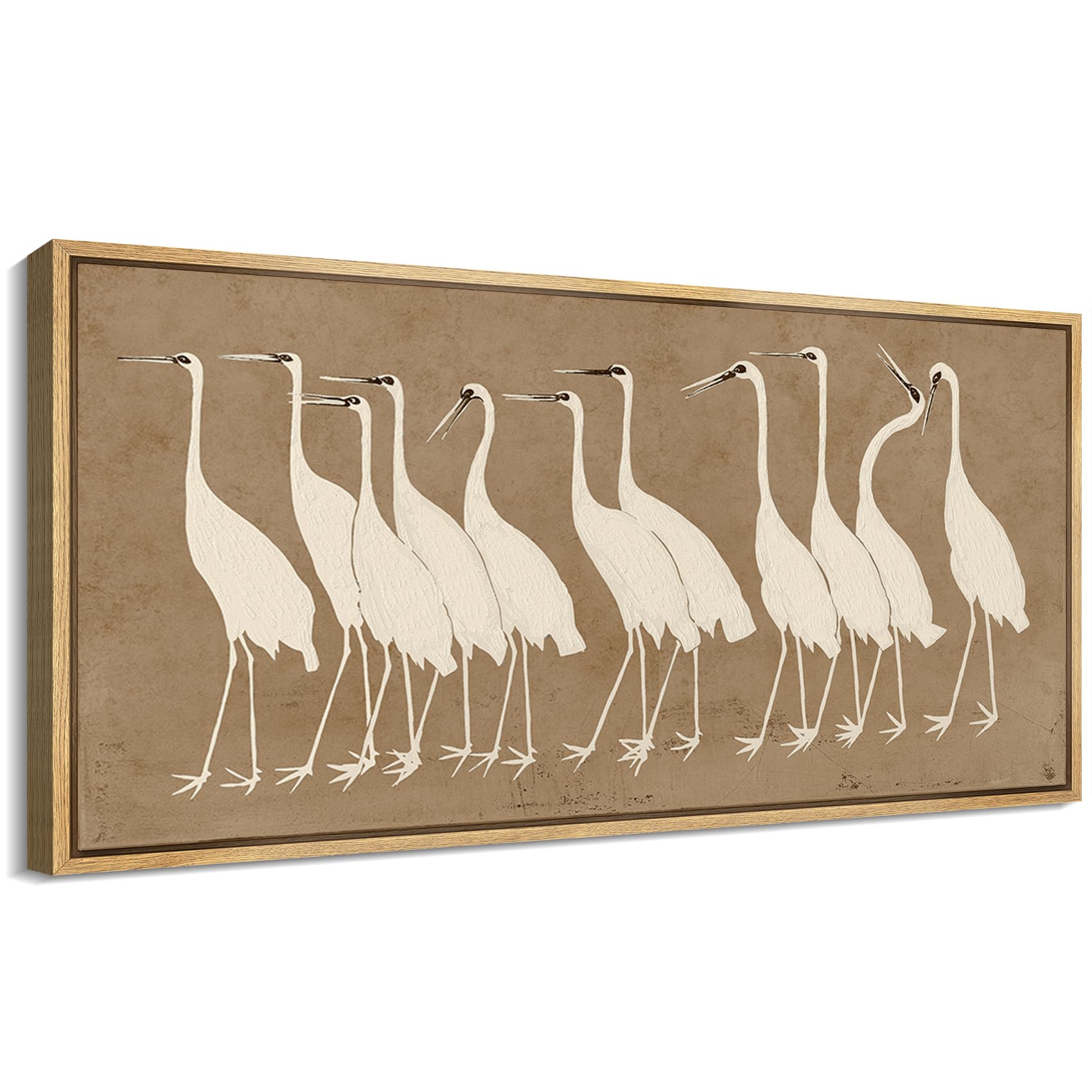 MUDECOR Extra Large Framed Canvas Print Wall Art Minimalist White Cranes on Beige Background Antique Retro Fine Art Illustrations Decorative Colorful