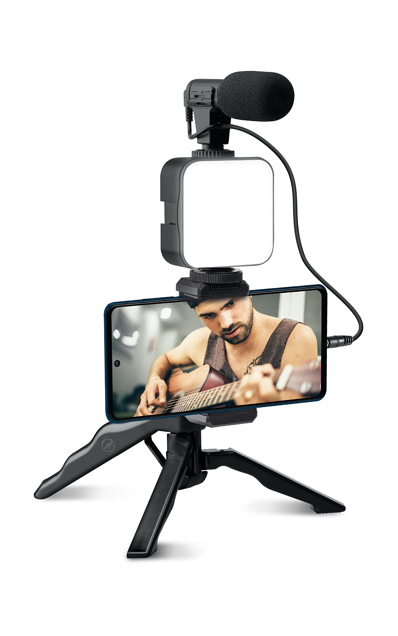 Mobility Lab Kit Vlogging - Zestaw dla Influencerów z Trójnogiem i Uchwytą - Uniwersalny Uchwyt na Smartfon - Wideo Światło LED - Mikrofon Kierunkowy i Pilot Bluetooth do Streamingu