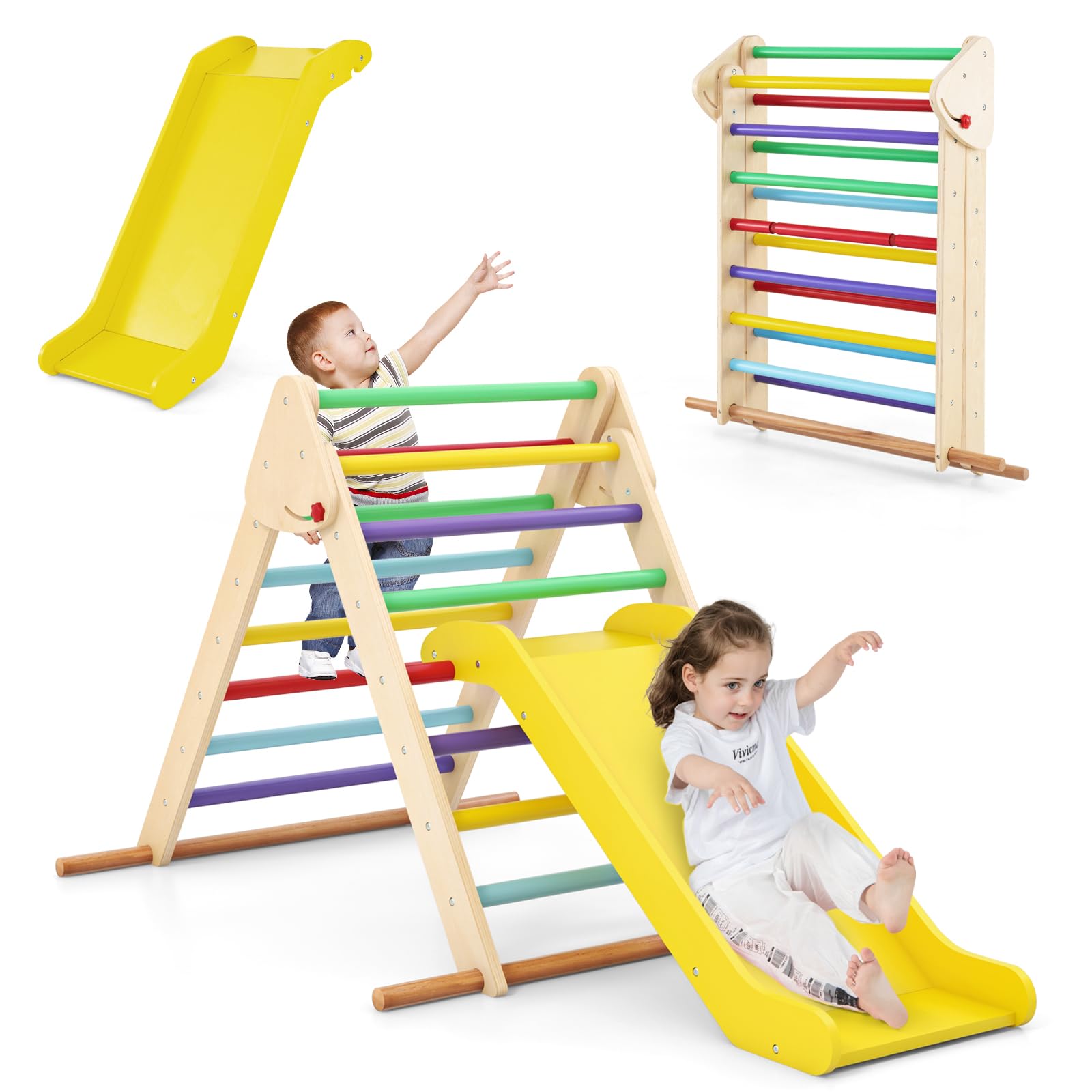 COSTWAY Juego de Triángulo de Escalada para Niños, Triángulo de Escalada Plegable con Rampa Ajustable y Bordes Lisos, Set de Trepa Montessori de Madera para Niños de 1+ Años (Multicolor)