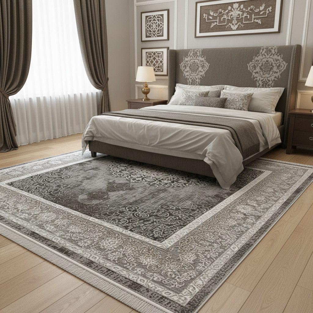 VIMODA Teppich Kurzflor Moderner Teppich mit Ornament-Muster – Pflegeleicht & Robust – Für Fußbodenheizung geeignet,Farbe:Grau;Maße:240 x 340 cm