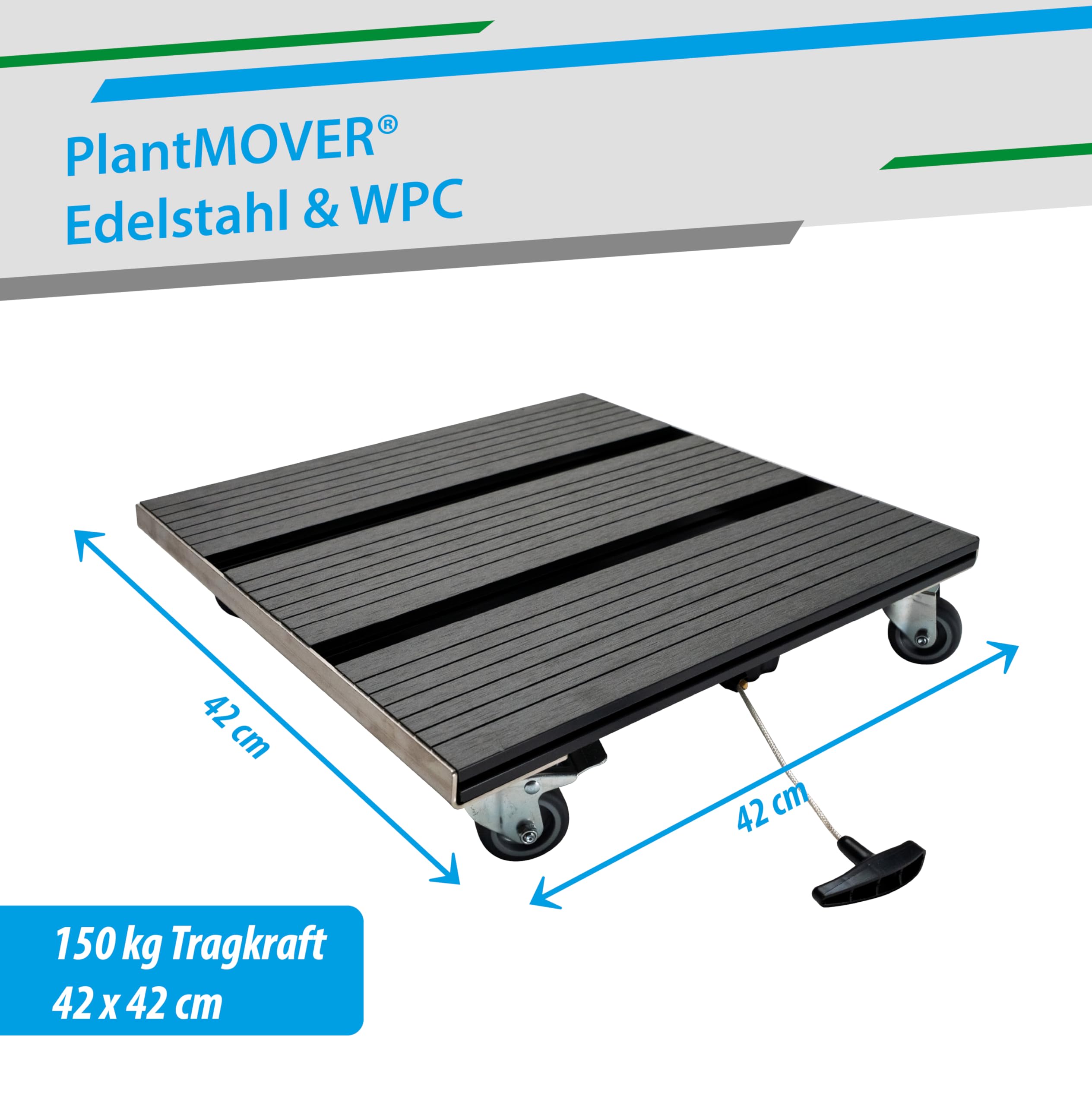 PlantMOVER Pflanzenroller mit Seilzug - 150kg Tragkraft 42x42cm – Edelstahl/WPC Pflanzenroller eckig mit robusten Rollen - Witterungsfestes Rollbrett für Pflanzen - Einfach ziehen, Made in Germany
