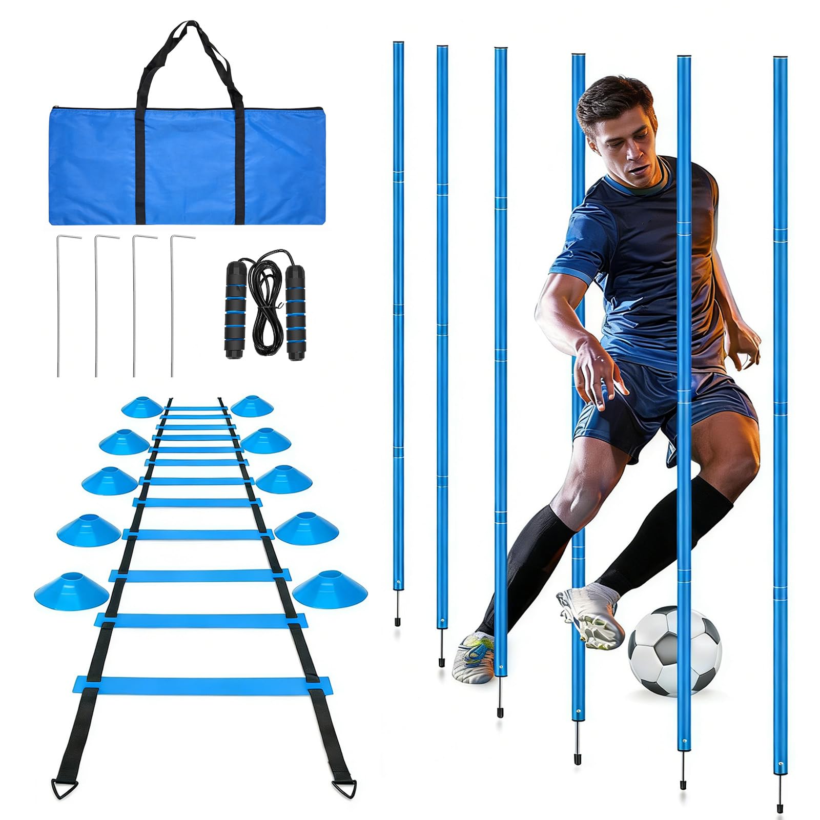 Slalomstangen Fussball Trainingszubehör mit 6 Slalom Poles, Koordinationsleiter 6m, 12 Hütchen, Springseil und Resistance Fallschirm, Fußball Trainingsset für Koordinationstraining