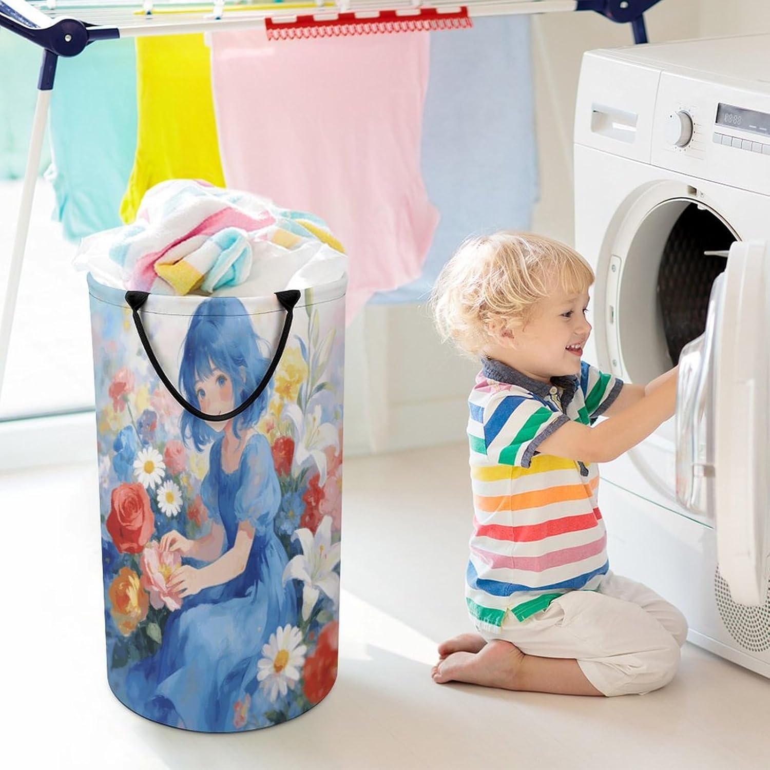 Blue Girl And Flowers Laundry Hamper 86L Waterproof Collapsible Clothes Basket with Double Handles Freestanding Foldable Laundry Basket Large Clothes Hamper for Bathroom