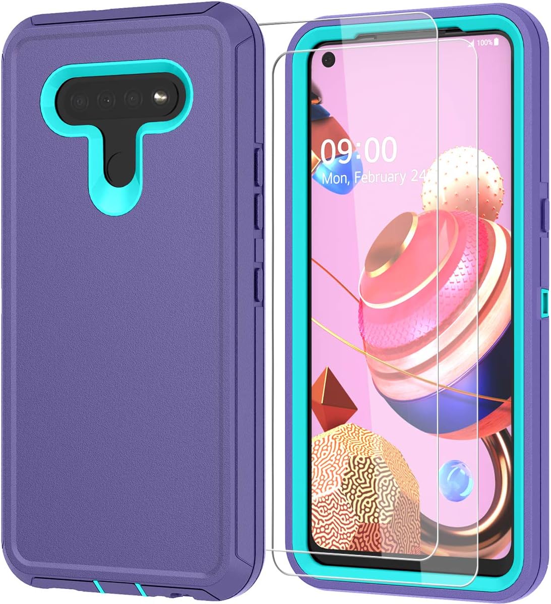 ONOLA Compatible with LG K51 Phone Case with HD Screen Protector (2 Packs),LG K51 Case Heavy Duty Protection Rugged Shockproof Dust Proof 3-Layer Durable Phone Case for LG K51 (Purple-SkyBlue)