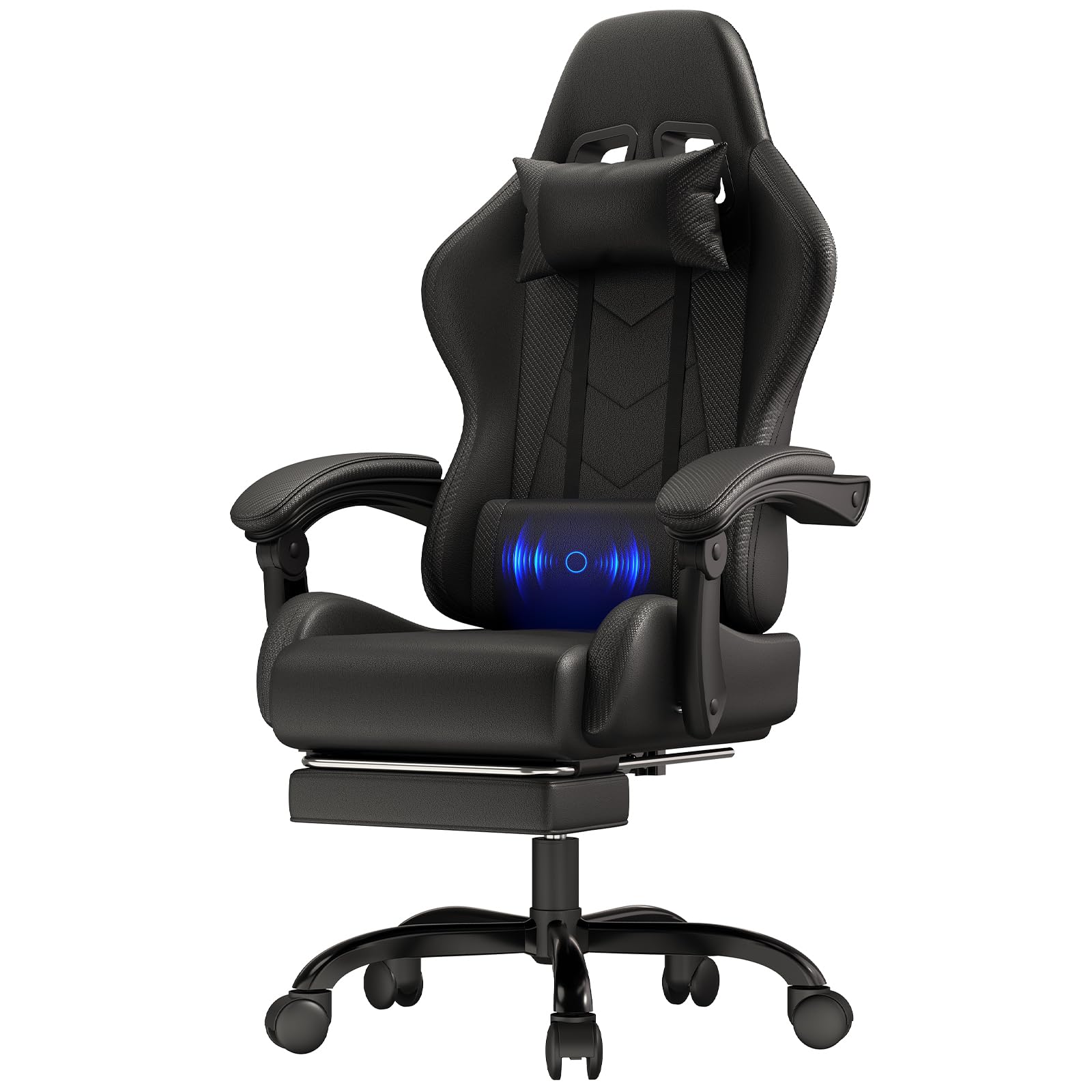 JUMMICO Gaming Stuhl Massage, Bürostuhl Ergonomisch Mit Massage-Lendenkissen, Gamer Stuhl verstellbare Rückenlehne 90-150°,und fußstütze, Gamingstuhl 150 kg belastbarkeit, Schwarz