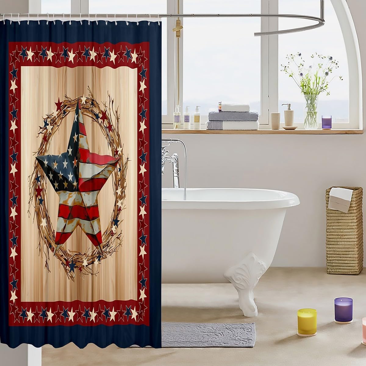 Castle Fairy Retro Star American Flag Shower Curtains Red Navy Blue Plaid Vintage Decor Bath Curtains for Bathtub Wooden Stripes Rustic Farmhouse Bathroom Curtains with 12 Hooks 72" W x 78" L