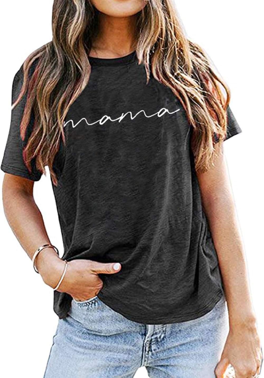 Mama Shirts Women Mama Letter Printed T-Shirt Graphic Tee Casual Short Sleeve Tops