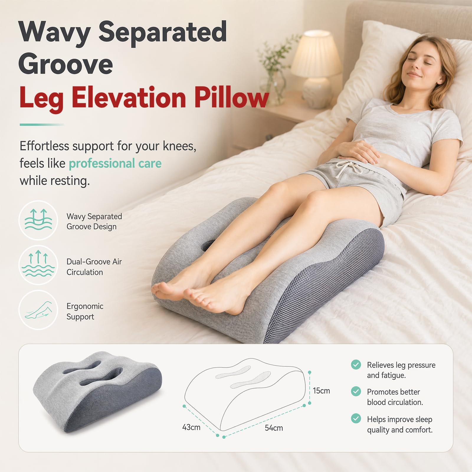 Almohada ergonómica para venas, cojín elevador de piernas, cojín de apoyo para adultos, espuma viscoelástica para promover la circulación sanguínea (gris claro)