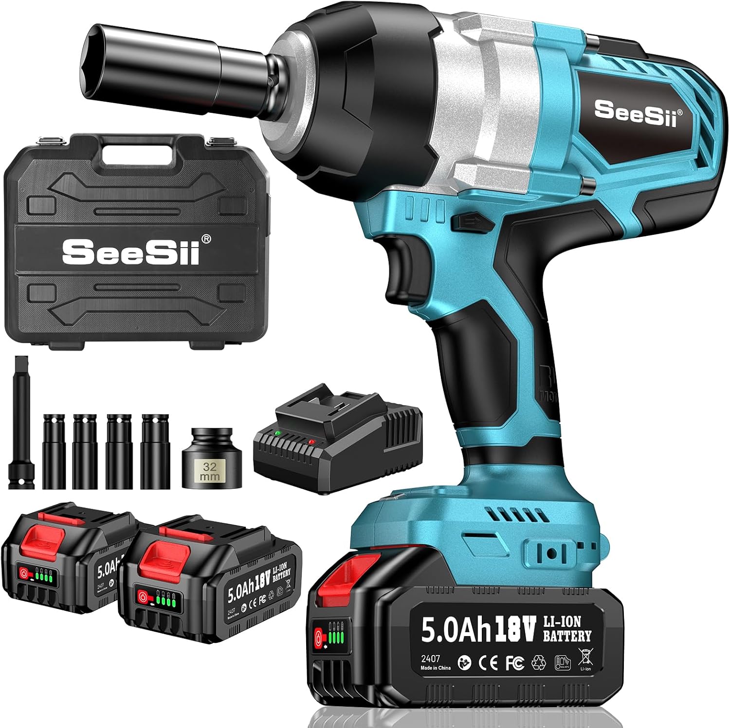 Seesii Cordless Impact Wrench, 1032Ft-lbs (1400N.m) 1/2 High Torque Brushless Impact Gun 2500IPM, 18V Power Impact Wrench, 5000mAh Battery, 4 Sockets, Variable Speeds for Car/Truck RV/Mower,WH810