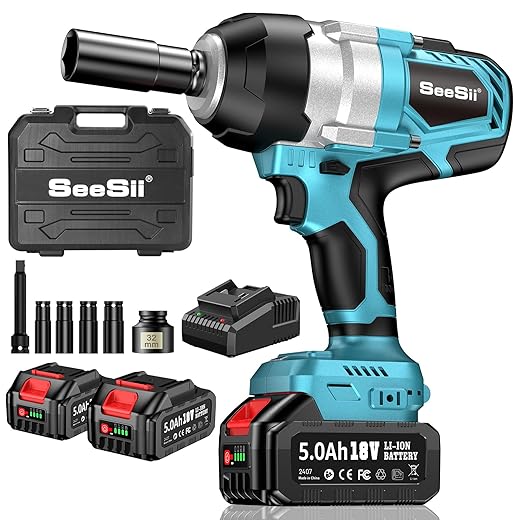 Seesii Clé à Chocs Sans Fil Brushless, 650Nm Boulonneuse Electrique avec Deux Batteries 4.0Ah 21V, Visseuse à chocs Fréquence d'impact 3000 IPM/ 3300RPM, avec 6 Douilles à Chocs, WH700