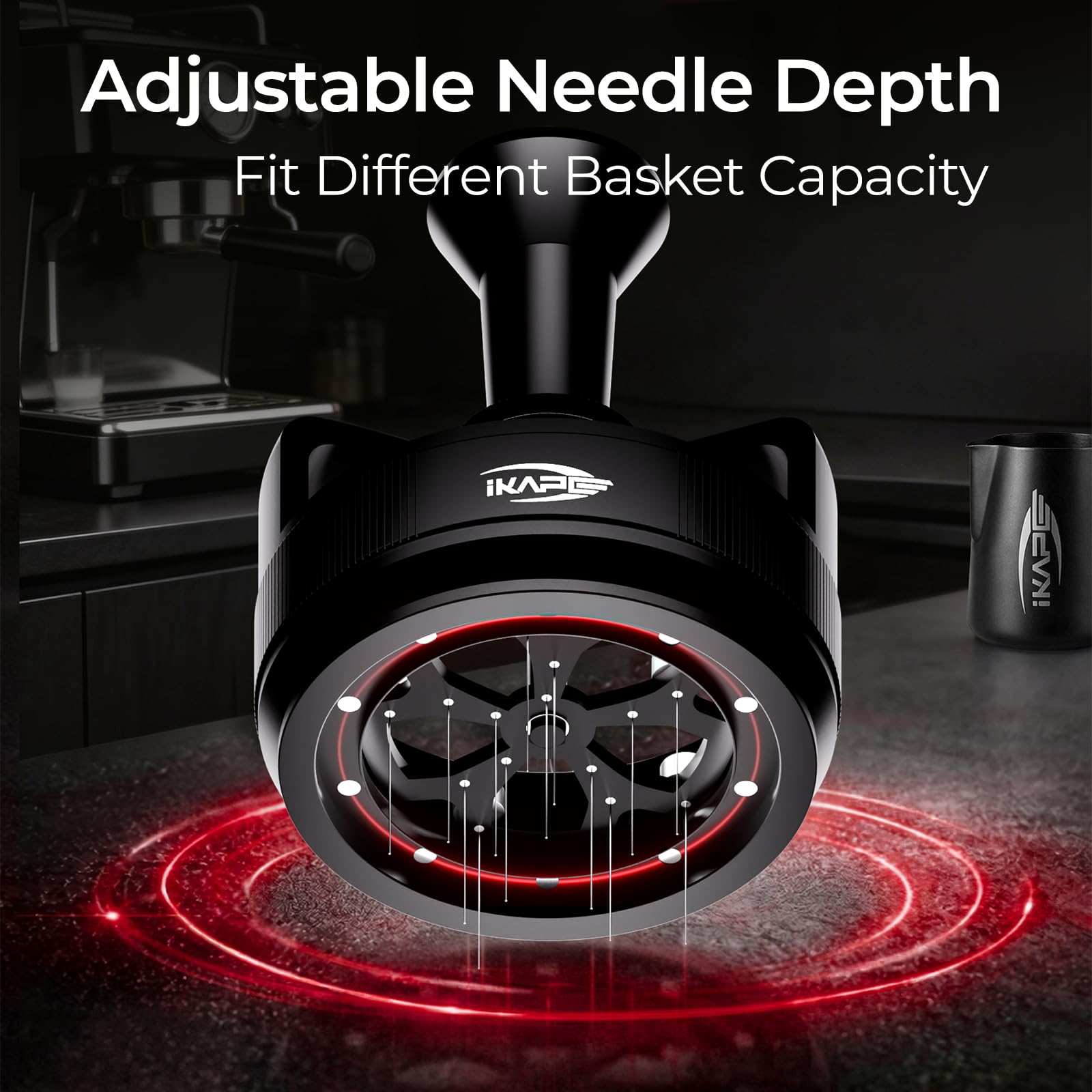 IKAPE Herramienta WDT de 58 mm para espresso, herramienta de distribución de 0,25 mm con 14 agujas, rotación automática de un botón y profundidad ajustable, base magnética, agitador de espresso