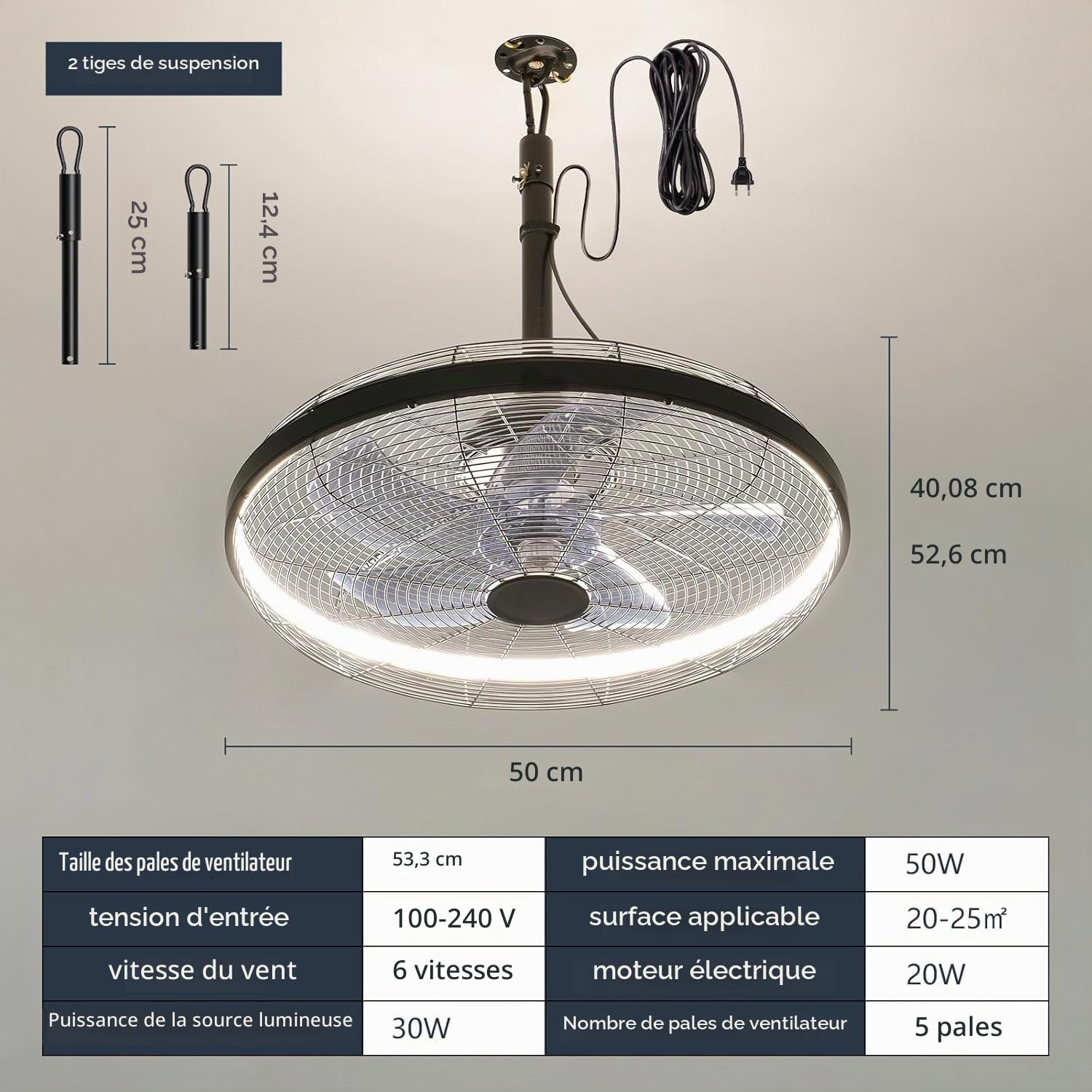Ventilateur de plafond d'extérieur avec éclairage et télécommande IP65 étanche IP65 - Lampe de plafond silencieuse à intensité variable avec ventilateur 6 vitesses - Pour chambre à coucher