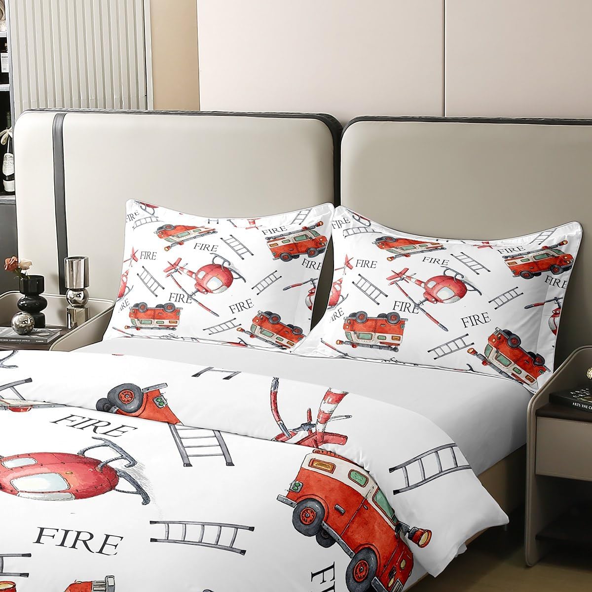 Fire Truck Cartoon Duvet Cover 100% Cotton Emergency Escape Ladder Duvet Cover Kids Teens Room Decor Red Helicopter Fire Engine Comforter Cover Twin Soft Bedspread,Zipper,No Comforter
