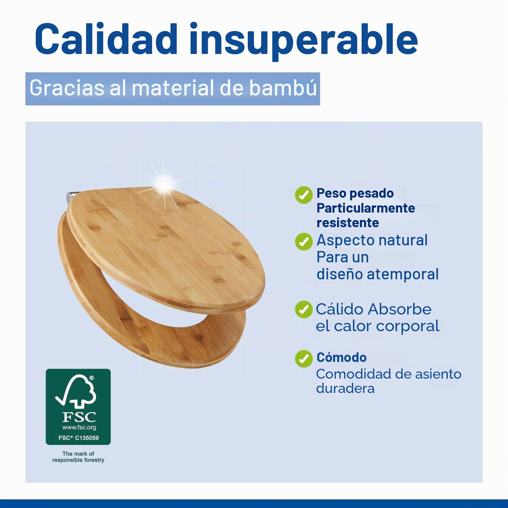 WENKO Asiento de WC Bambusa, asiento de inodoro de bambú con cierre suave y fijación higiénica Fix-Clip, multilacado y resistente a la humedad, (An. x P): 34,5 x 40,5 cm, natural