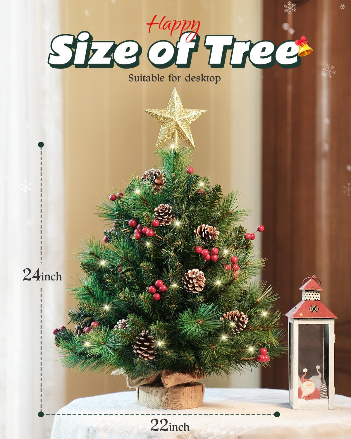 2ft Tabletop Pre-lit Christmas Tree With Star Treetop, Clear LED Lights, Artificial Xmas With Burlap Base for Table Desk Home Decor
